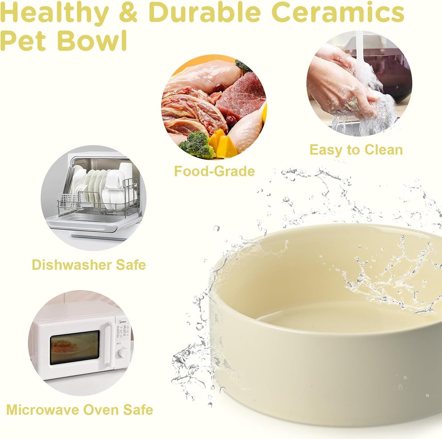 SPUNKYJUNKY Ceramic Elevated Dog Bowls Raised with Acacia Bamboo Wooden Stand, 8.3'' Dog Food Water Bowls Set Non-Slip for Medium Large Sized Breed Microwave Dishwasher Safe - 60 OZ,Beige