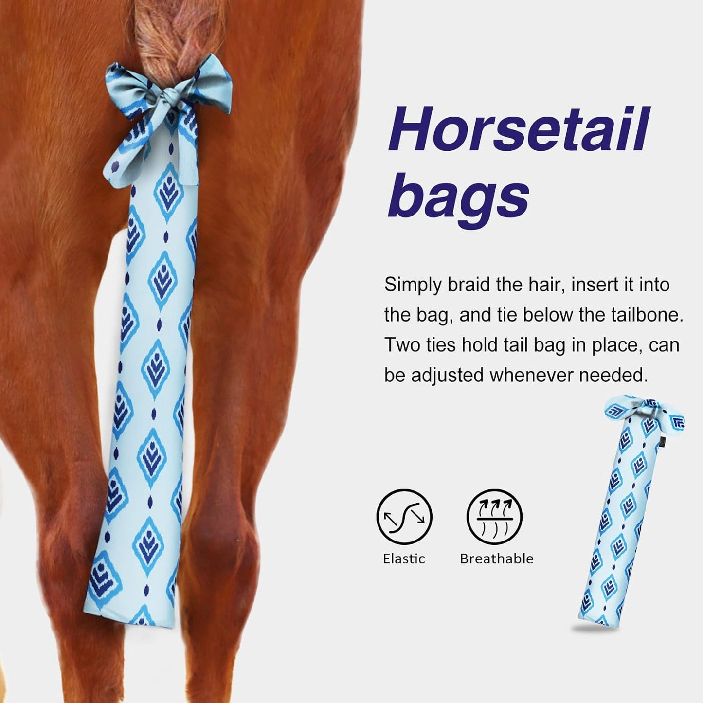 Harrison Howard Stretchy Tail Bag Breathable Horse Tail Guard Slip on Design Protect Horse Tail 2 Strand Closure Straps Keep Tail Clean & Protected 22" L Length Makes Grooming Easy-Nature Aztec