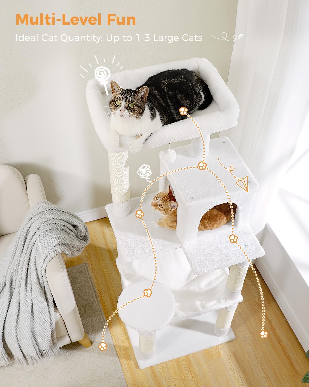 Cat Tree for Large Cats with Metal Plush Big Hammock, 56.3" Cat Tower for Indoor Cats with 2 Door Condo House, 6-Tier Cat Shelves with Scratching Posts and Large Top Perch, Cream White