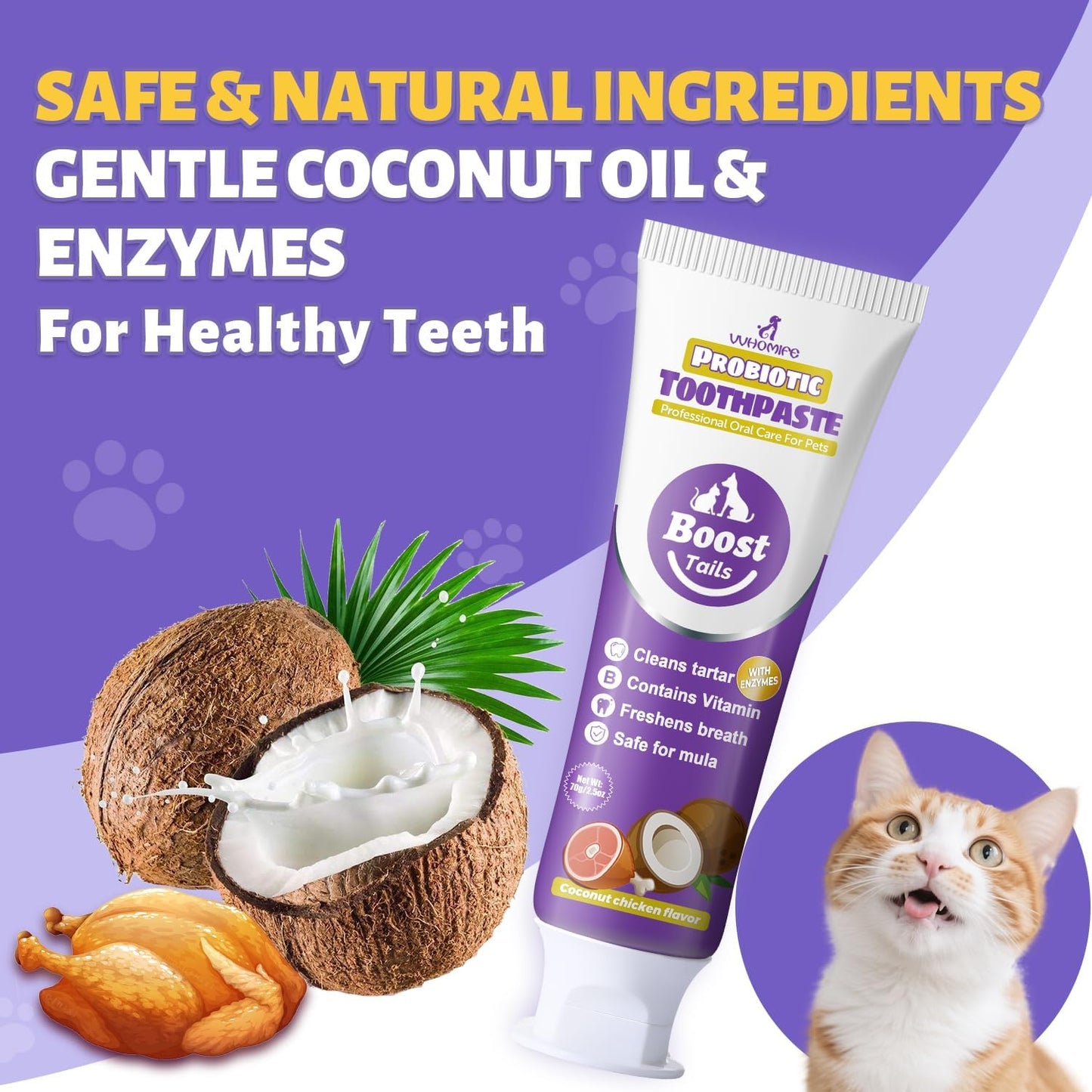 Cat Toothbrush and Toothpaste Kit - Includes Toothpaste (Coconut Chicken 2.5 oz.) Soft Brush, Finger Brush - Provides Safe and Effective Oral Care for Kittens and Adult Cats