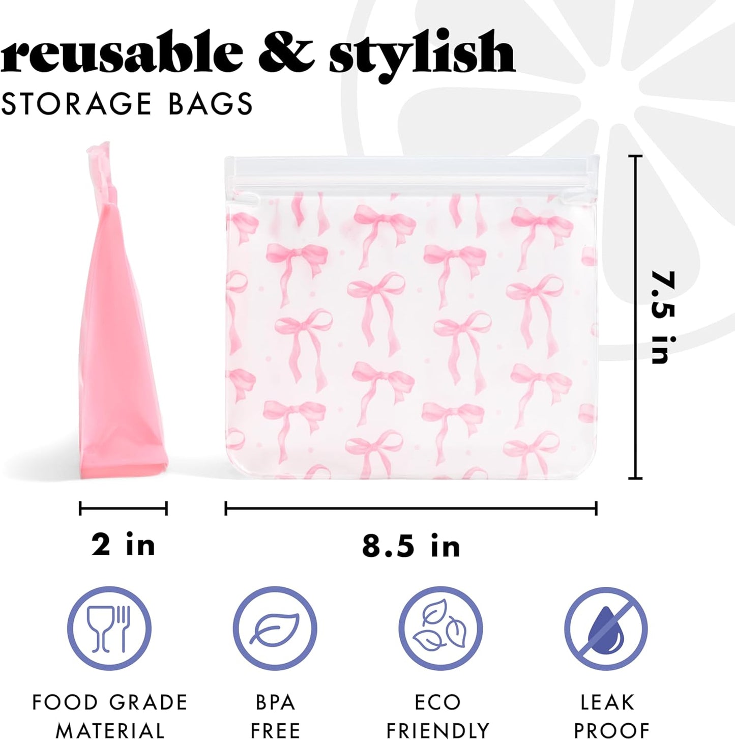 Fit & Fresh Reusable PEVA Storage Bags 3 Pack, Reusable Food Storage Bags, LeakProof Bag, Durable, Reusable Sandwich Bags, Freezer Safe Bags, Hand Wash, Easy to Clean, Eco-Friendly, Pink Bows