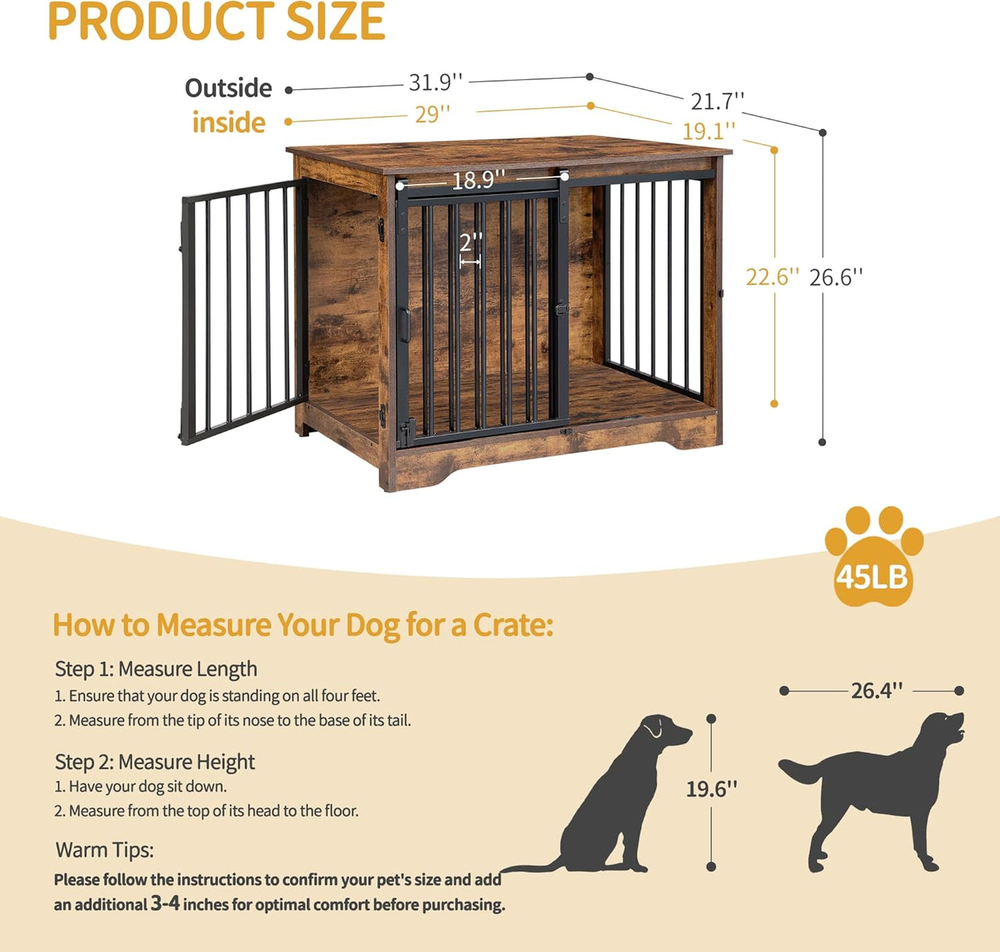 31.9" Dog Crate Furniture with Barn Door, Heavy Duty Dog Kennel Indoor with 2 Doors, Wooden Pet Cage End Table for Small Medium Dogs up to 44 lb, Anti-Chew Anti-Escape, Rustic Brown DFC83601B
