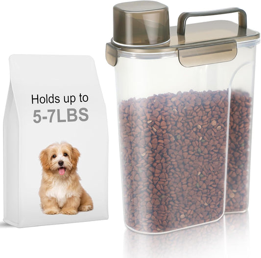 Large Spout Pet Food Storage Container, 10LBS Meter Dispenser with Handle,Measuring Cup, Double Sealing Tape and 4 Safety Snaps to Seal Dog Food and Cat Food
