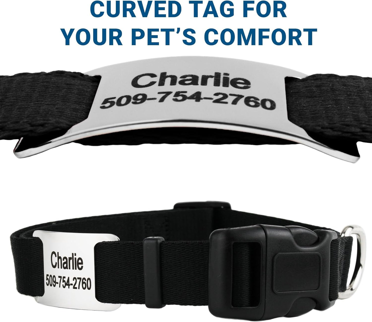 GoTags Personalized Dog Collar with Nameplate, Adjustable Dog Collar with Custom Engraved Slide On Pet ID Tag in Stainless Steel, Silent, No Noise Dog Tag (Light Gray, X-Small)