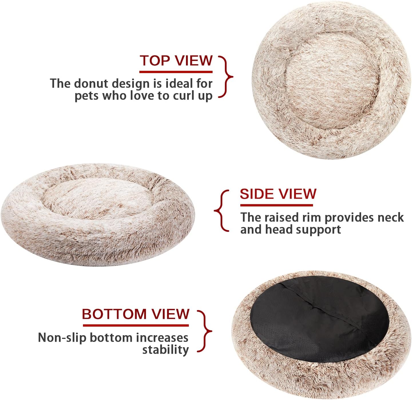 Bedfolks Calming Donut Dog Bed, 45 Inch Round Plush Bed for Extra Large Dogs, Anti-Anxiety, Washable with Non-Slip Bottom (Brown, Extra Large)