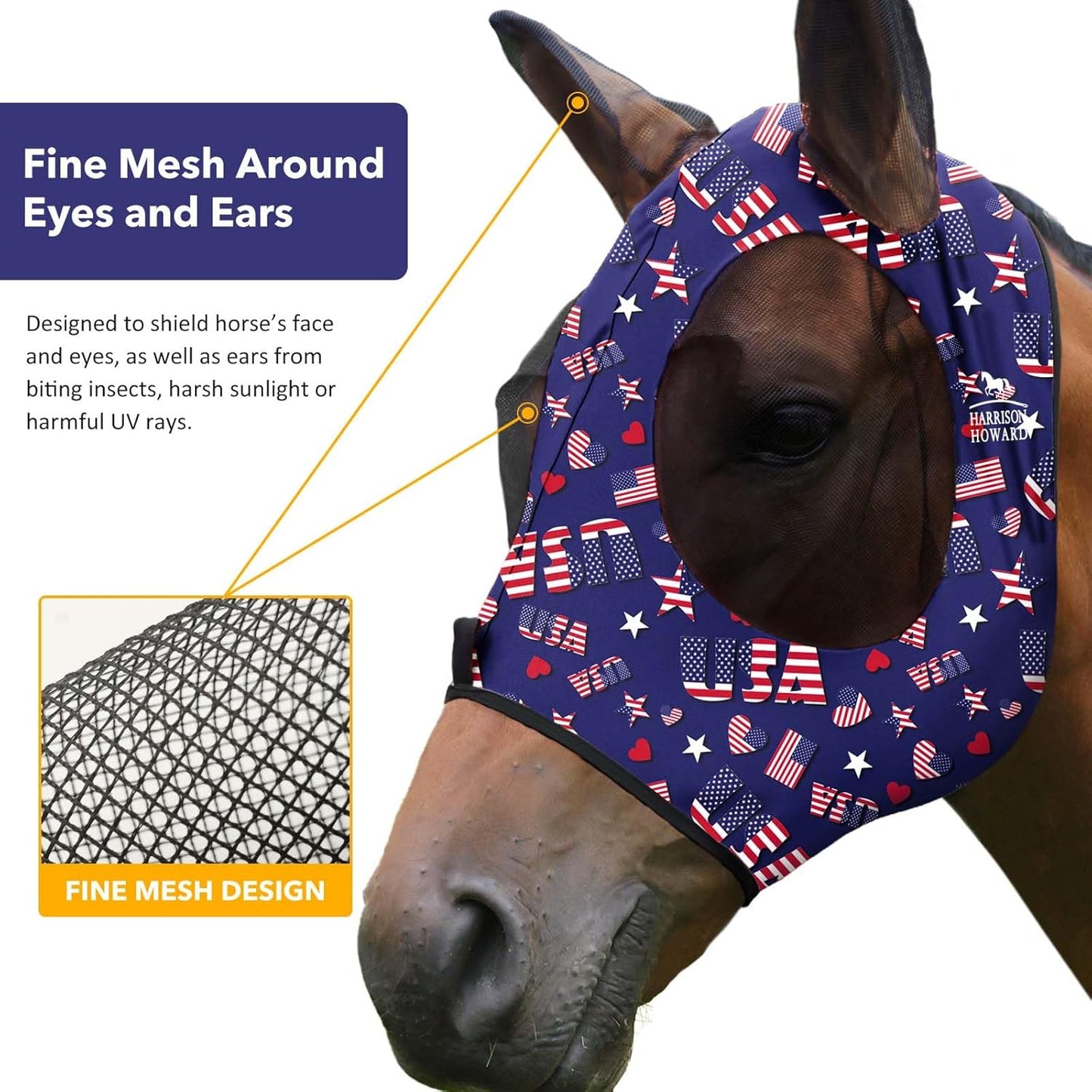 Harrison Howard Super Comfort Stretchy Fly Mask Large Eye Space with UV Protection Soft on Skin with Breathability Classic Letters M Cob