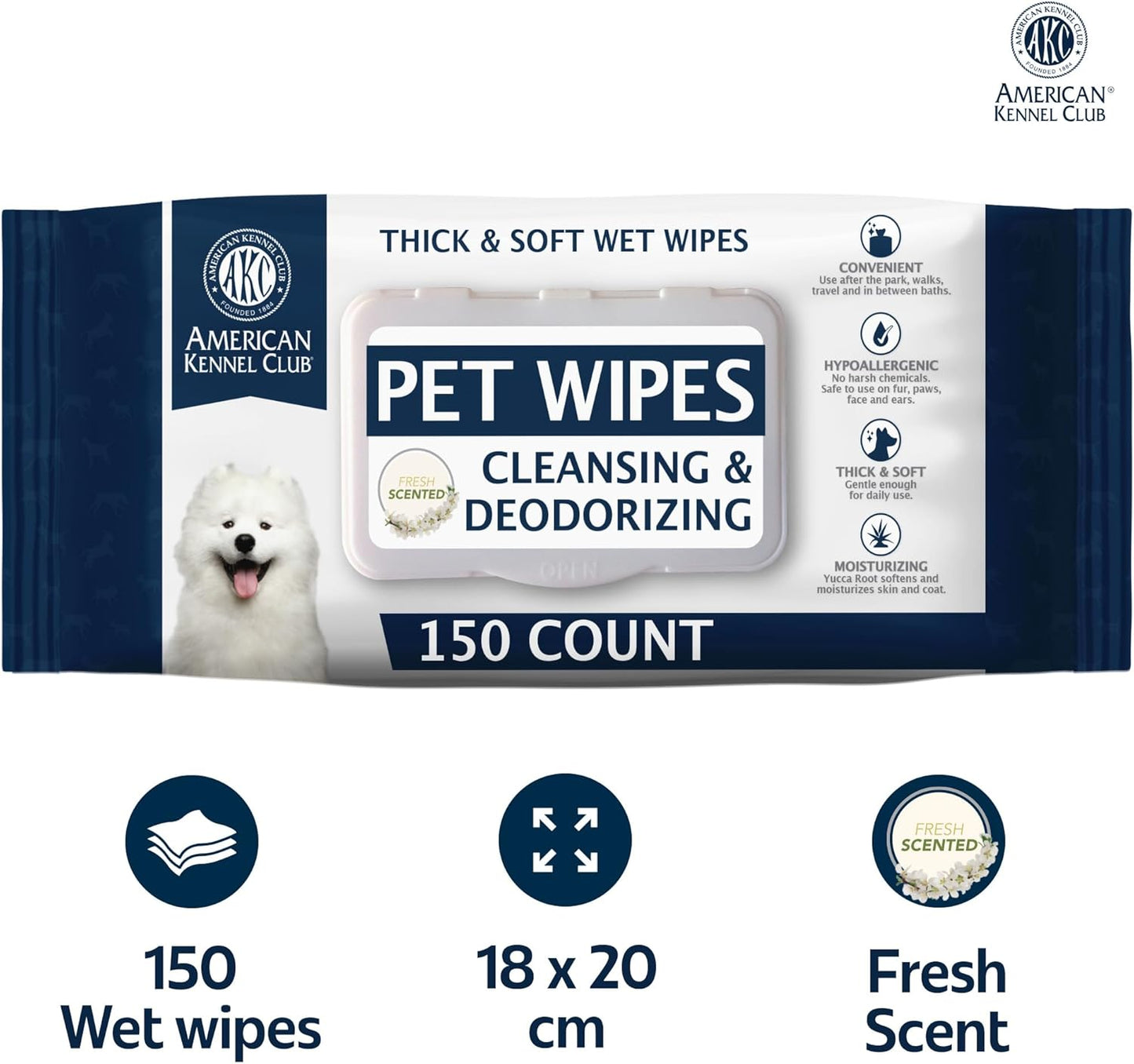 AKC Pet Wipes for Dogs & Cats – Hypoallergenic, Alcohol-Free Wipes for Paws, Face, Ears & Coat – Thick, Gentle Cleaning with Natural Aloe – Available in Lavender, Fresh & Oatmeal Scents