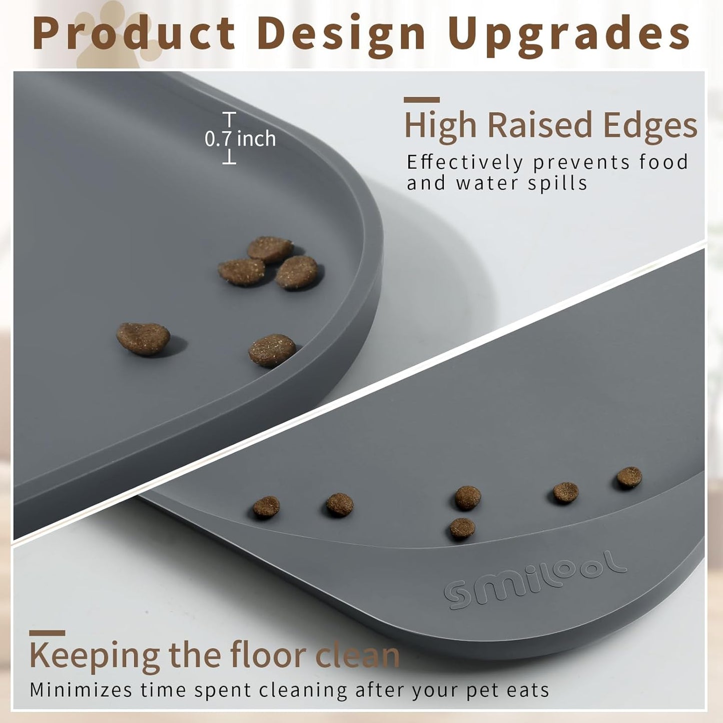 Silicone Pet Feeding Mat with Raised Edge & Residue Collection Pocket for Food and Water, Dog Bowl Mats, Cat Bowls Placemat with High Lip for Floor Waterproof, 19 x 12 x 0.7 Gray