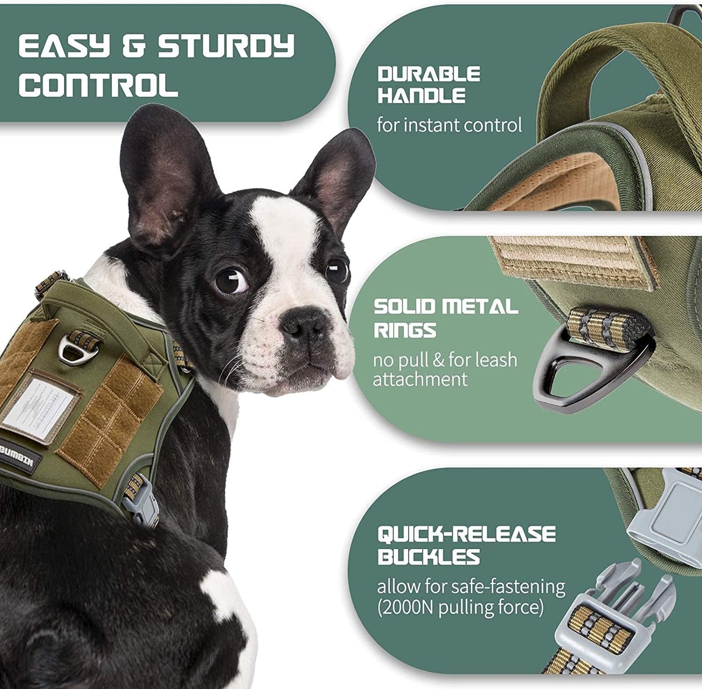 BUMBIN Tactical Dog Harness for Small Dogs No Pull, Famous TIK Tok No Pull Puppy Harness, Fit Smart Reflective Pet Walking Harness for Training, Adjustable Dog Vest Harness with Handle Green XS