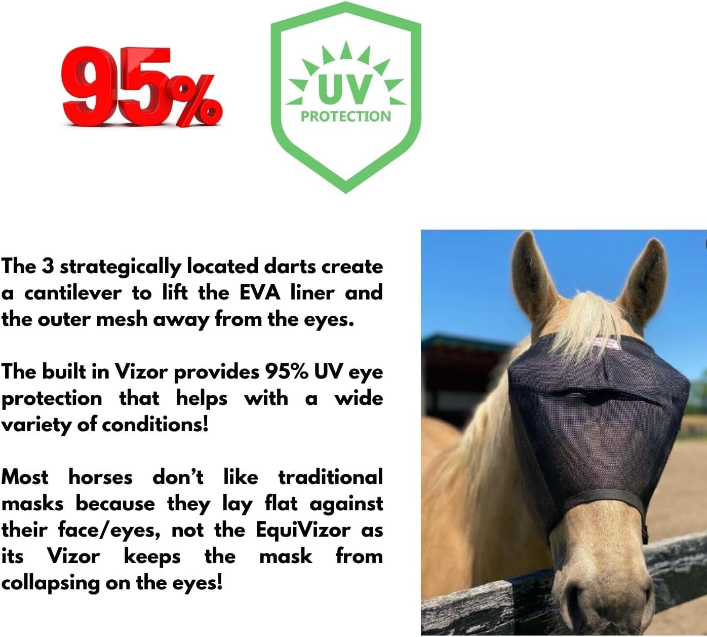 EquiVizor 95% UV Eye Protection (Full) Standard Horse Fly Mask - Help with Uveitis, Corneal Ulcer, Light Sensitivity. Designed to Stay On Your Horse, Off The Ground.