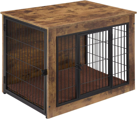 FLEXIMOUNTS Dog Crate Furniture with Cushion, Wooden Dog Kennel Furniture, Heavy Duty Dog Cage, 27" Dog Kennel with Double Doors