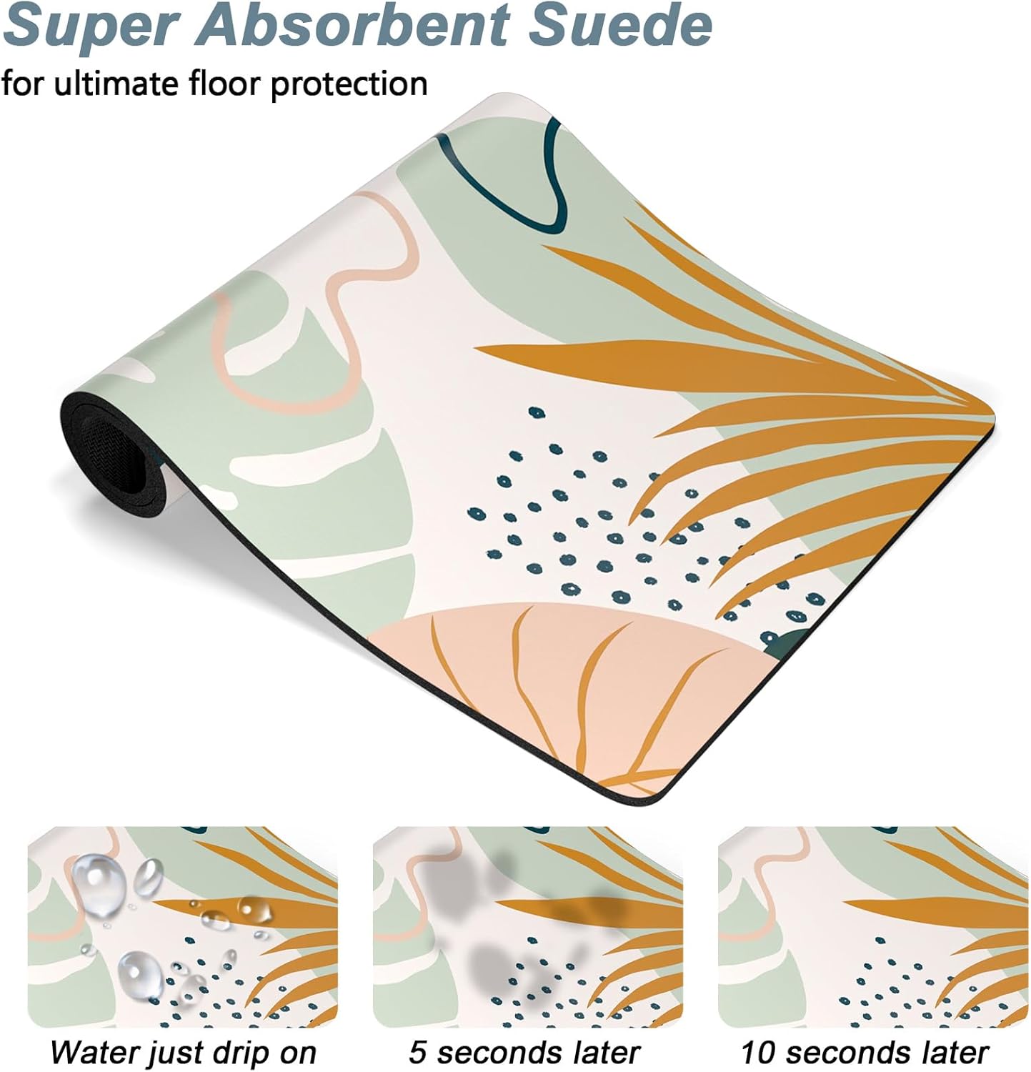 Rnivvi Dog Food Mat, 16" x 24" Boho Absorbent Dog Cat Bowl Mat for Food and Water, Cute Anti-Slip Rubber Pet Feeding Rug Protect Floors, Puppy Placemat for Feeding & Watering Supplies, Tropical Leaves