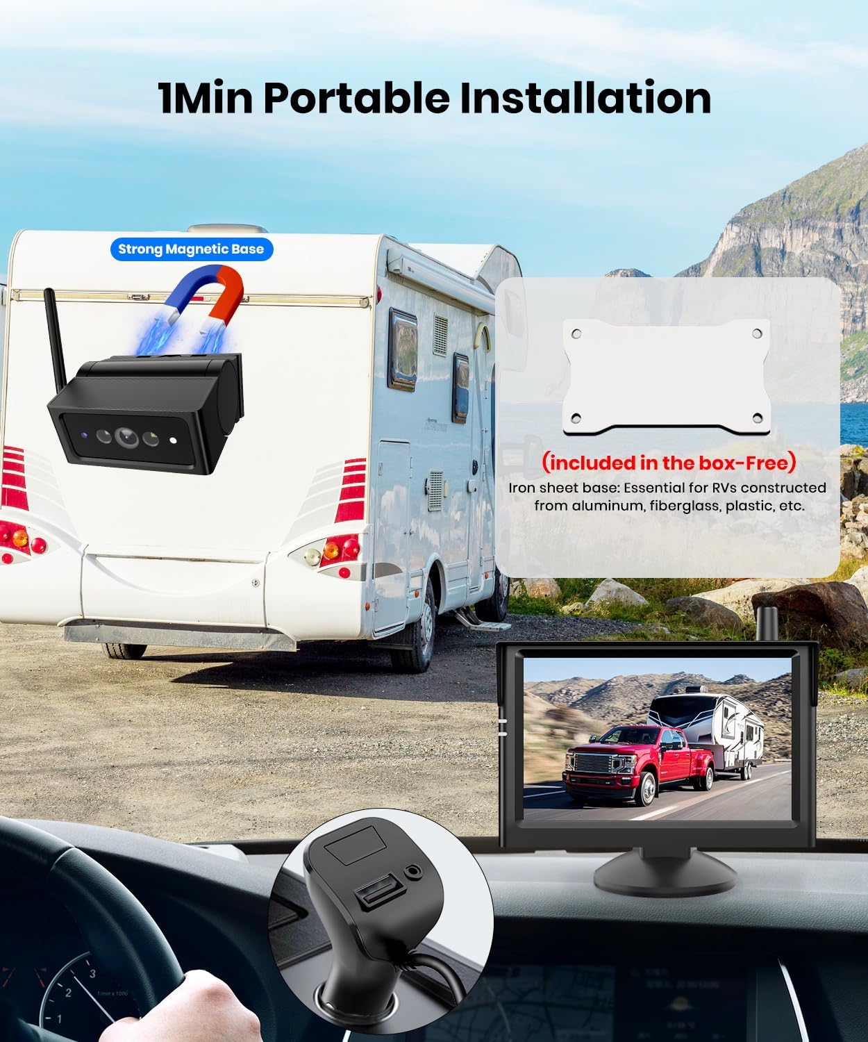 AUTO VOX Wireless Backup Camera Magnetic: 5" Portable No Wiring 1 Min Install Trailer Hitch Camera, 2-Channel HD 1080P Car Monitor & IR Night Vision Back Up Camera Systems for Truck, RV, Camper