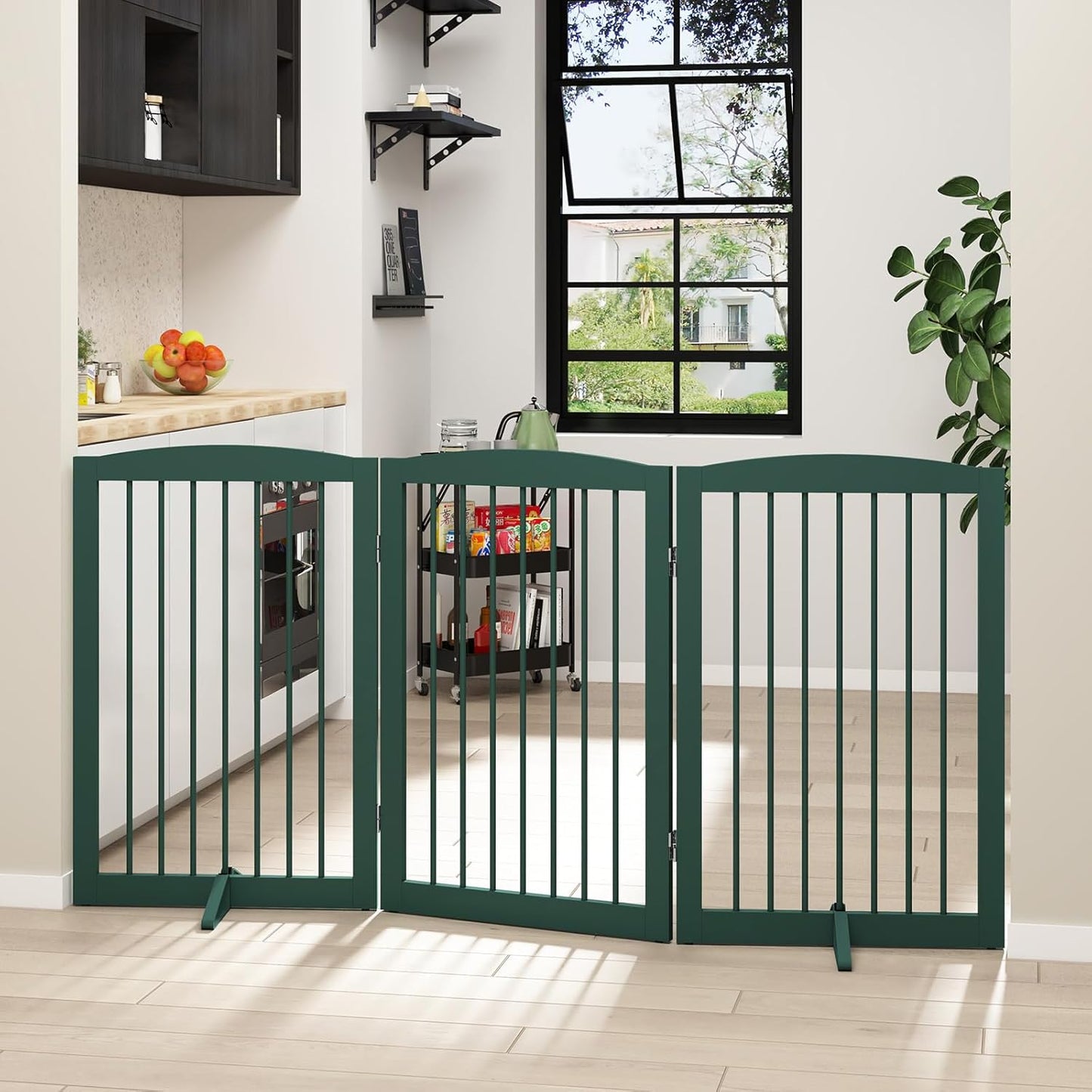 Freestanding Pet Gate for Dogs, Foldable Wooden Dog Gate for House Indoor, Step Over Pet Puppy Safety Fence for Stair, Doorway,Hall, Support Feet Included,3 Panels 32",Green