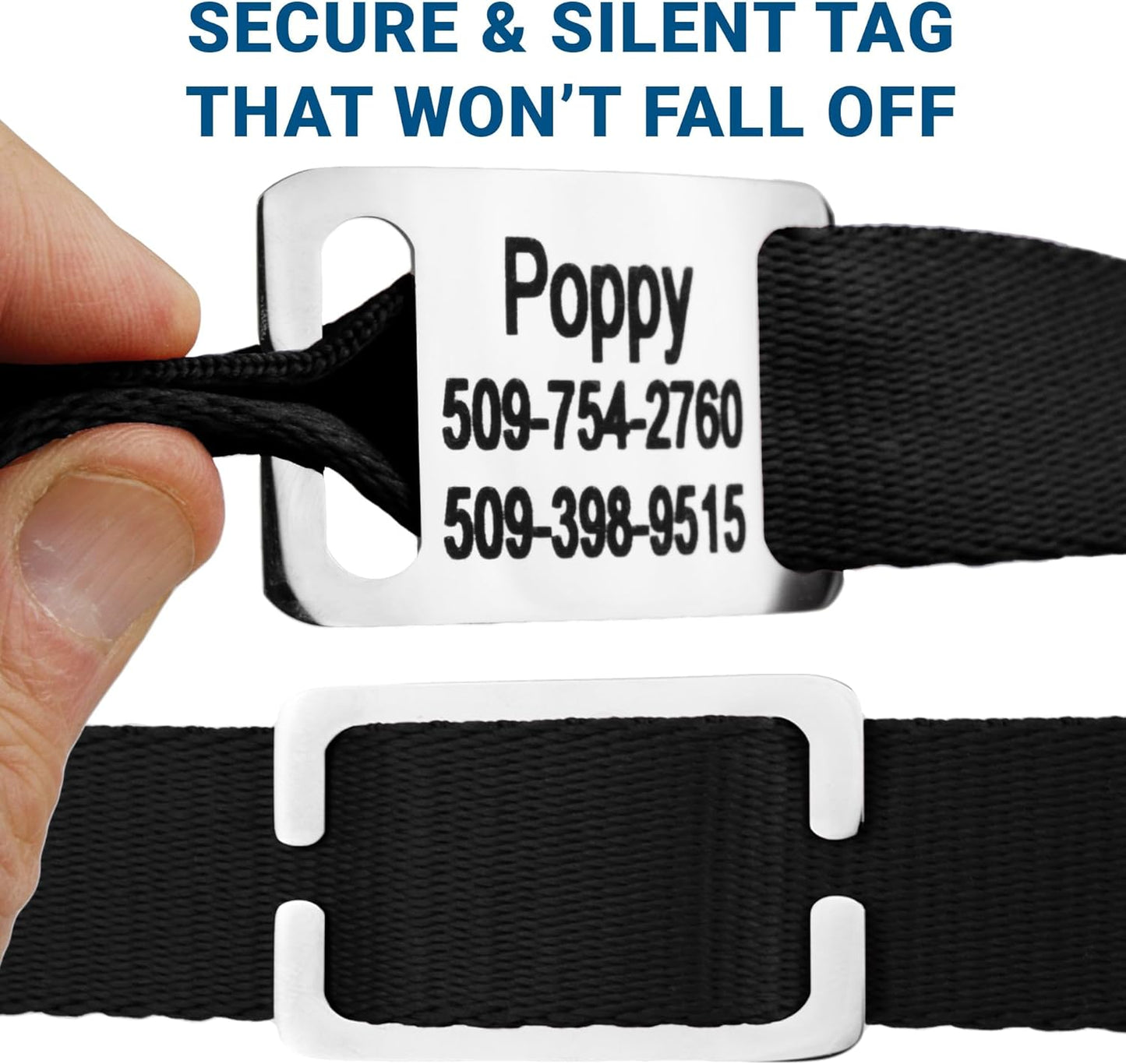 GoTags Personalized Dog Collar with Nameplate, Adjustable Dog Collar with Custom Engraved Slide On Pet ID Tag in Stainless Steel, Silent, No Noise Dog Tag (Charcoal, Small)