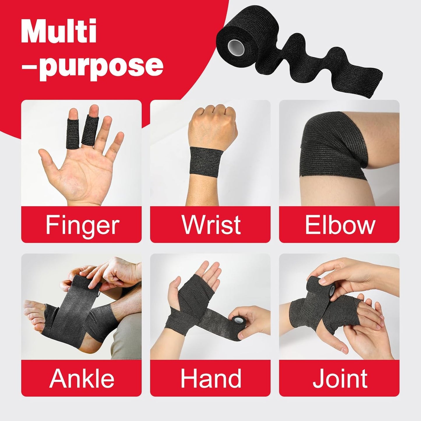 AZEN 8 Pack Self Adhesive Bandage Wrap, 2" X 5 Yards Elastic Cohesive Bandage Wrap, Black Athletic Tape, Vet Wrap, Ankle Tape, Tattoo Grip Tape Wrap