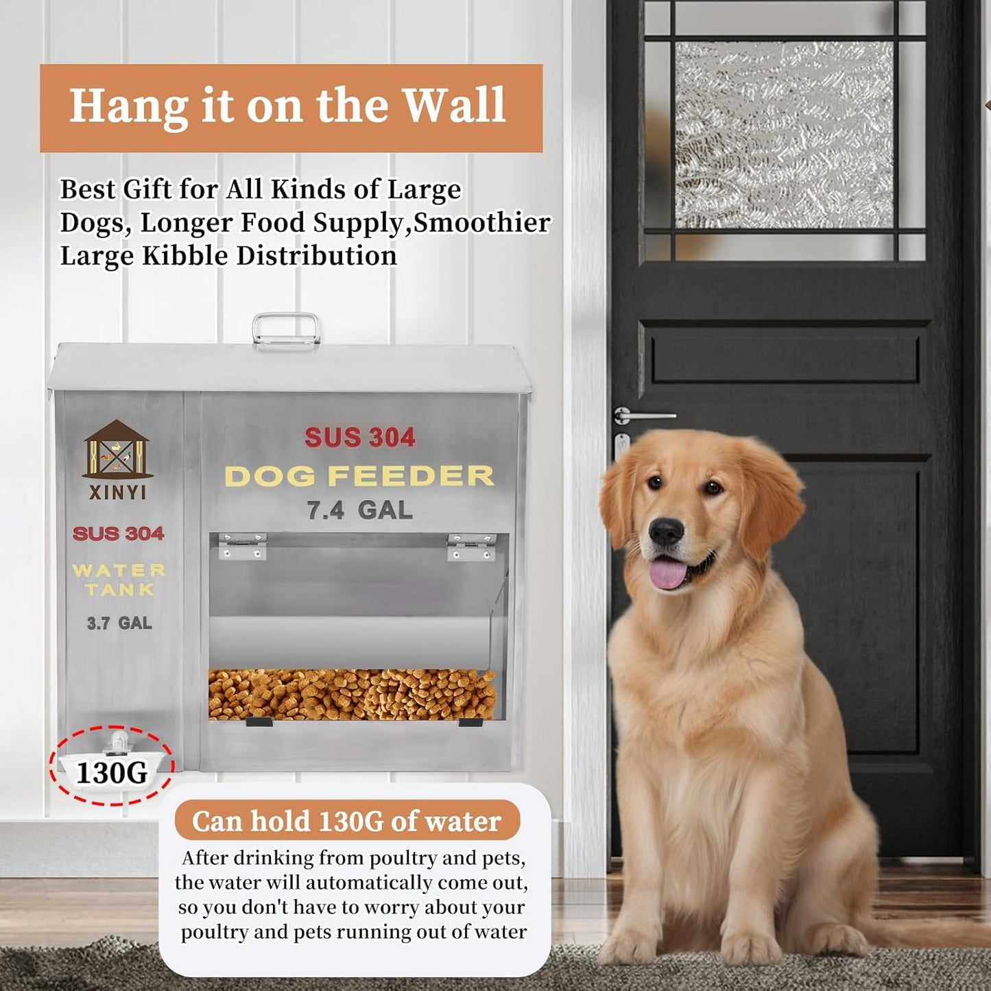 XINYI Automatic Dog Feeder and Waterer 2-in-1,SU304 Stainless Steels 3.7 Gallon Water Tank with 1 Aluminum Alloy Water Cup, 7.4 Gallon Dog Food Dispenser,Automatic Feeder for Pets, Breed, Cat