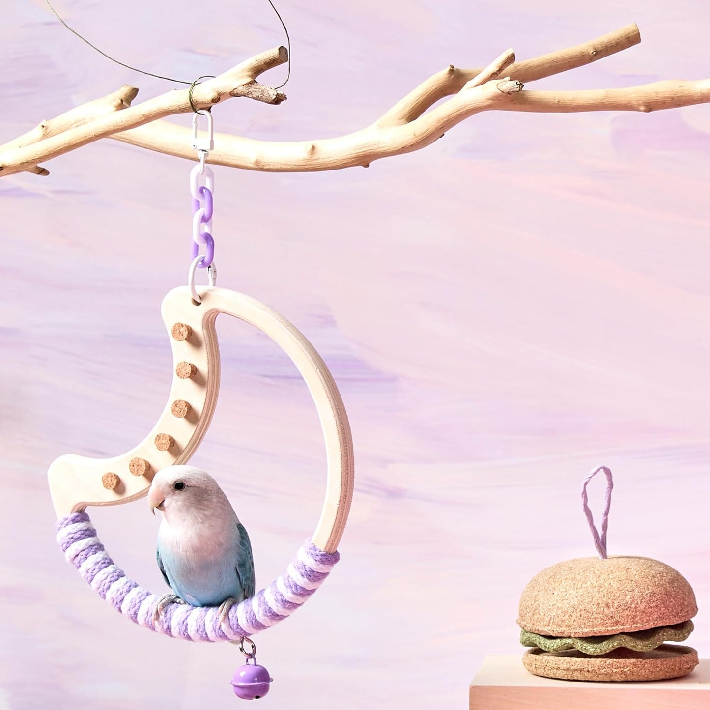 Natural Bird Swing - Moon-Shaped Parrot Perch with Bell and Cork Toys, Spinning Wooden Stand for Parakeets, Budgies, Lovebirds and Small/Medium Birds (White + Yellow)