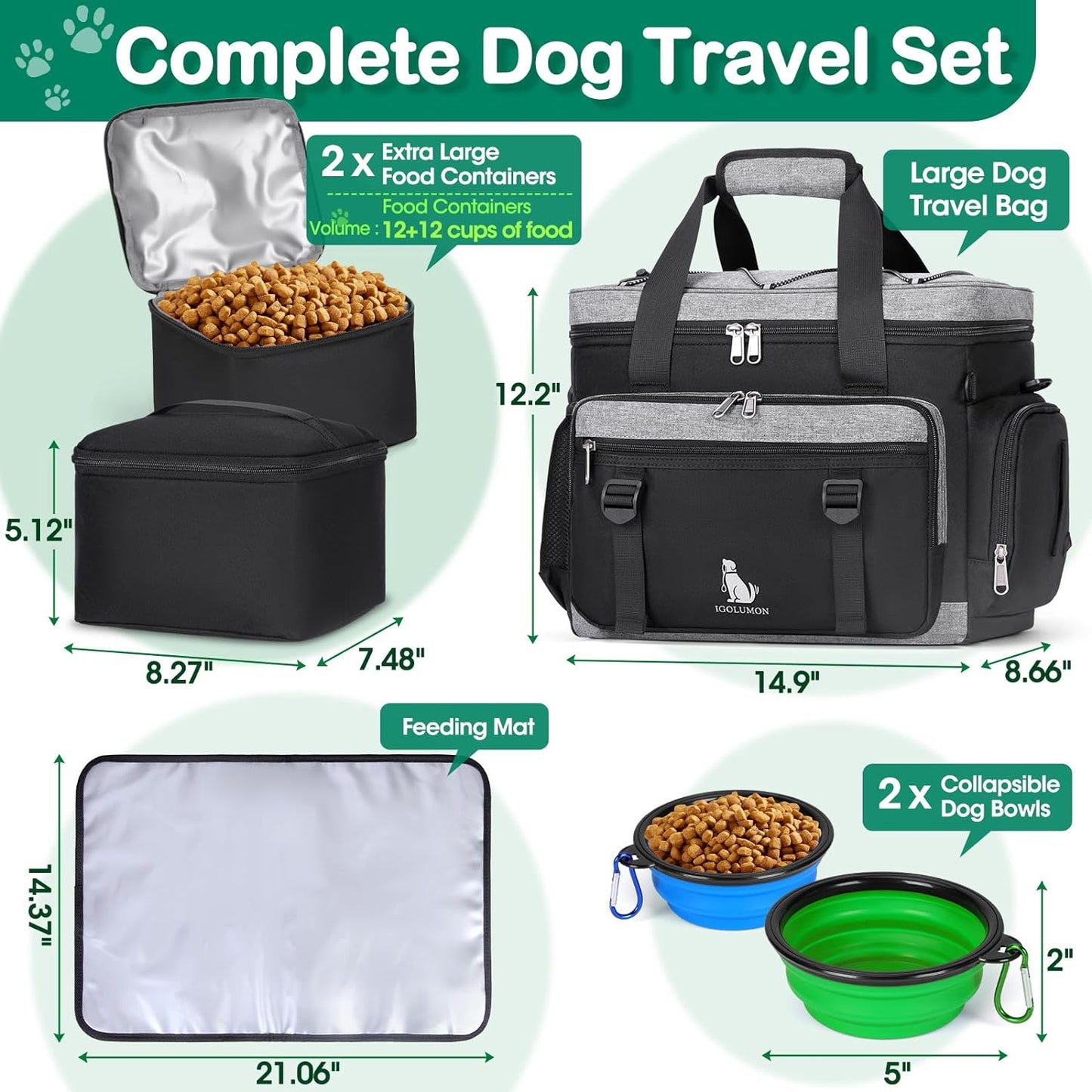 IGOLUMON Dog Travel Bag Large Pet Travel Bags Set for Supplies Weekend Travel Kit Tote Organizer Multi-Pockets Food Travel Bag with 2 Extra Large Food Containers, 2 Dog Bowls, 1 Feeding Mat