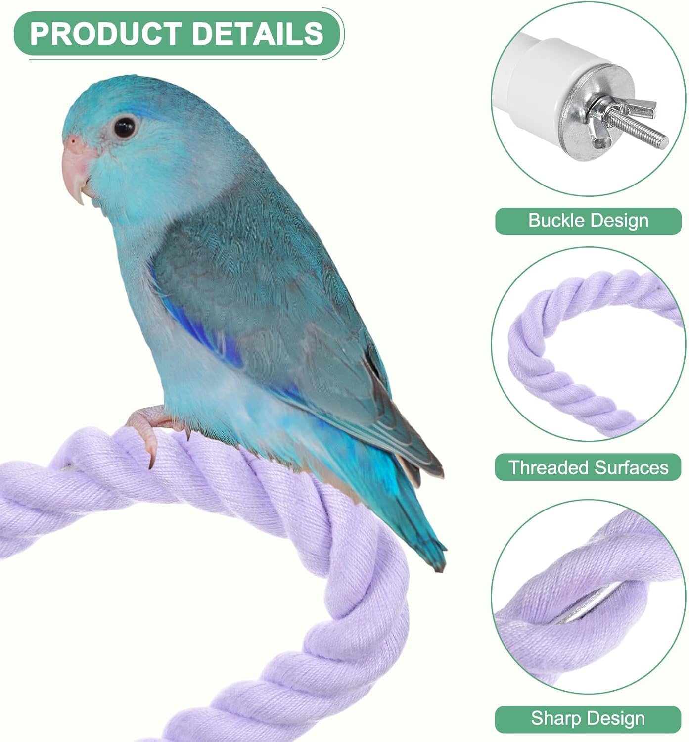 2-Pack Rope Perches for Bird Cages, 23.6 in Length Comfort Grip Flexible Rope Perch Beak & Paw Grinding for Parrots/Cockatiels/Parakeets, Bird Platform Sand [Purple]
