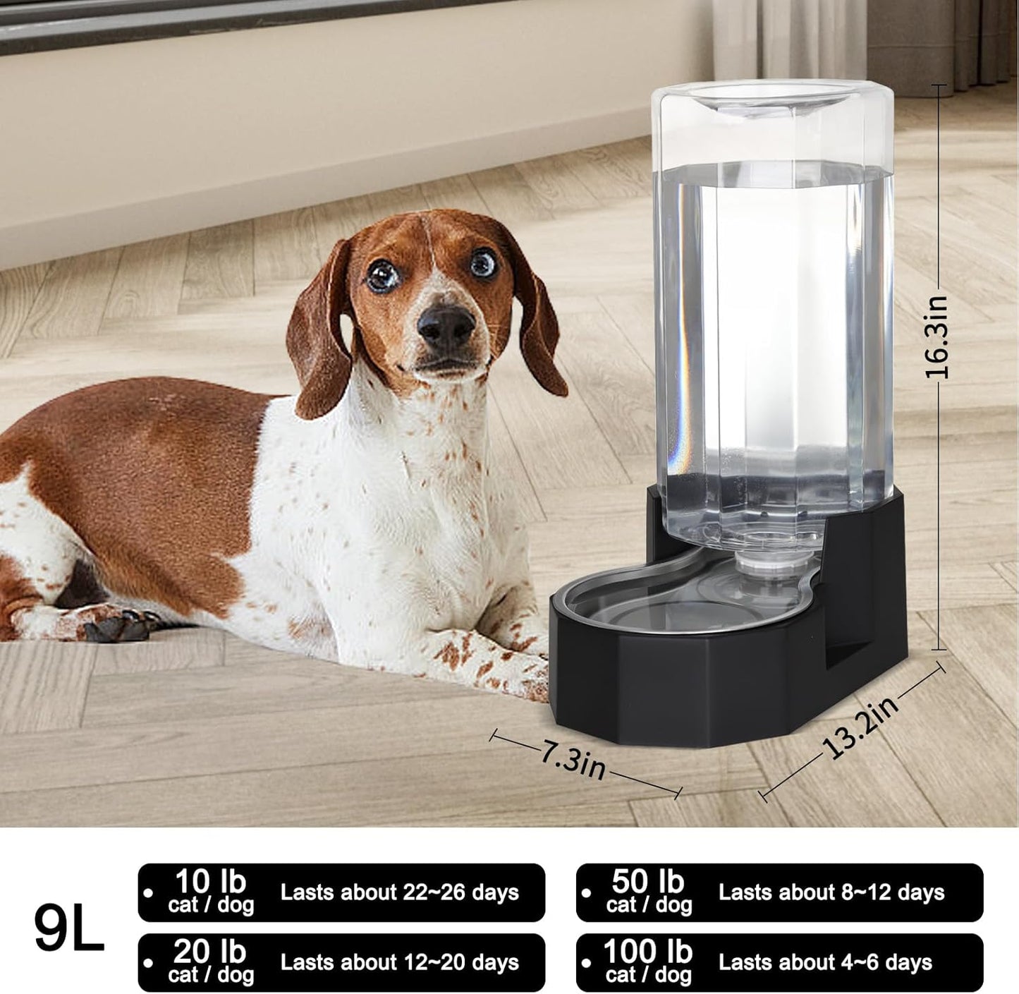 Sfozstra Large Dog Water Dispenser: 9L Automatic Black Water Feeder with Stainless Steel Bowl - Without Filter - Gravity Design for Multiple Pets Indoor/Outdoor