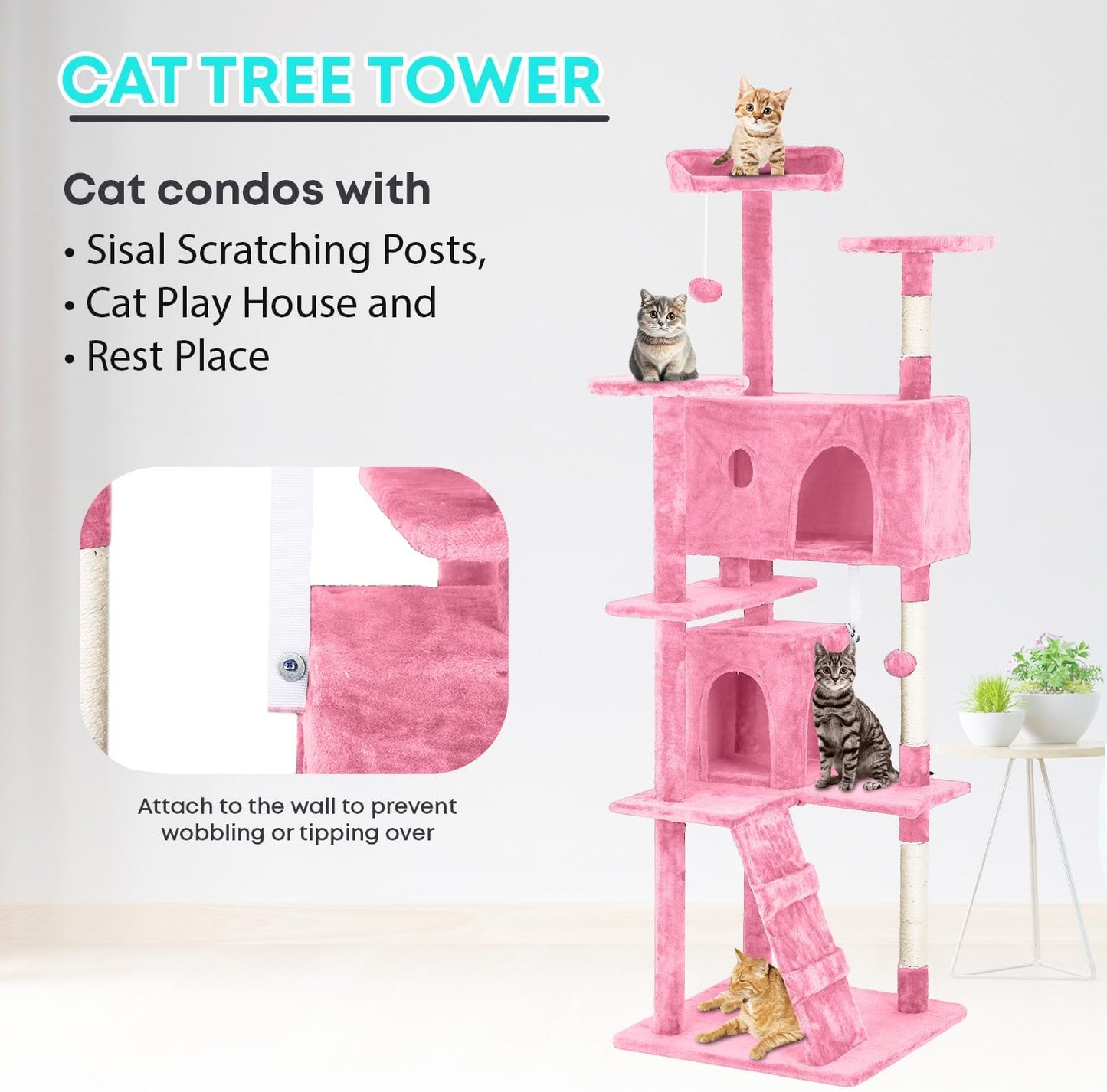 FDW Cat Tree 70in Cat Tower Multi-Level Durable Cat Scratching Post & Cozy Fun Cat Jumping Platform Space Saving Cat Condo Pet Play House for Indoor Cats,Pink