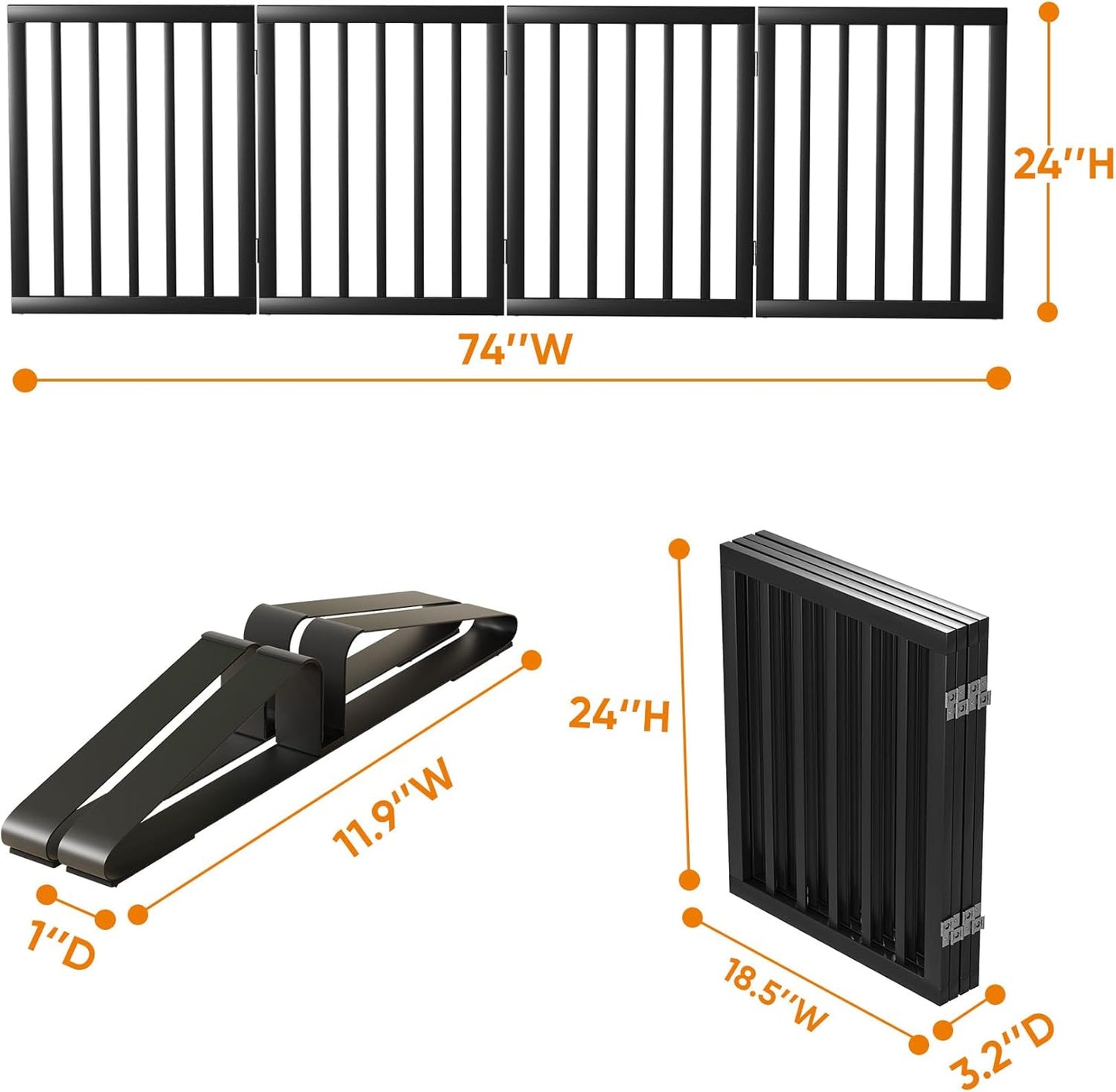 Black 37-74" Dog Gate Foldable Dog Gates for Doorways Stairs House Freestanding Pet Gate Puppy Barries 24 inches Tall