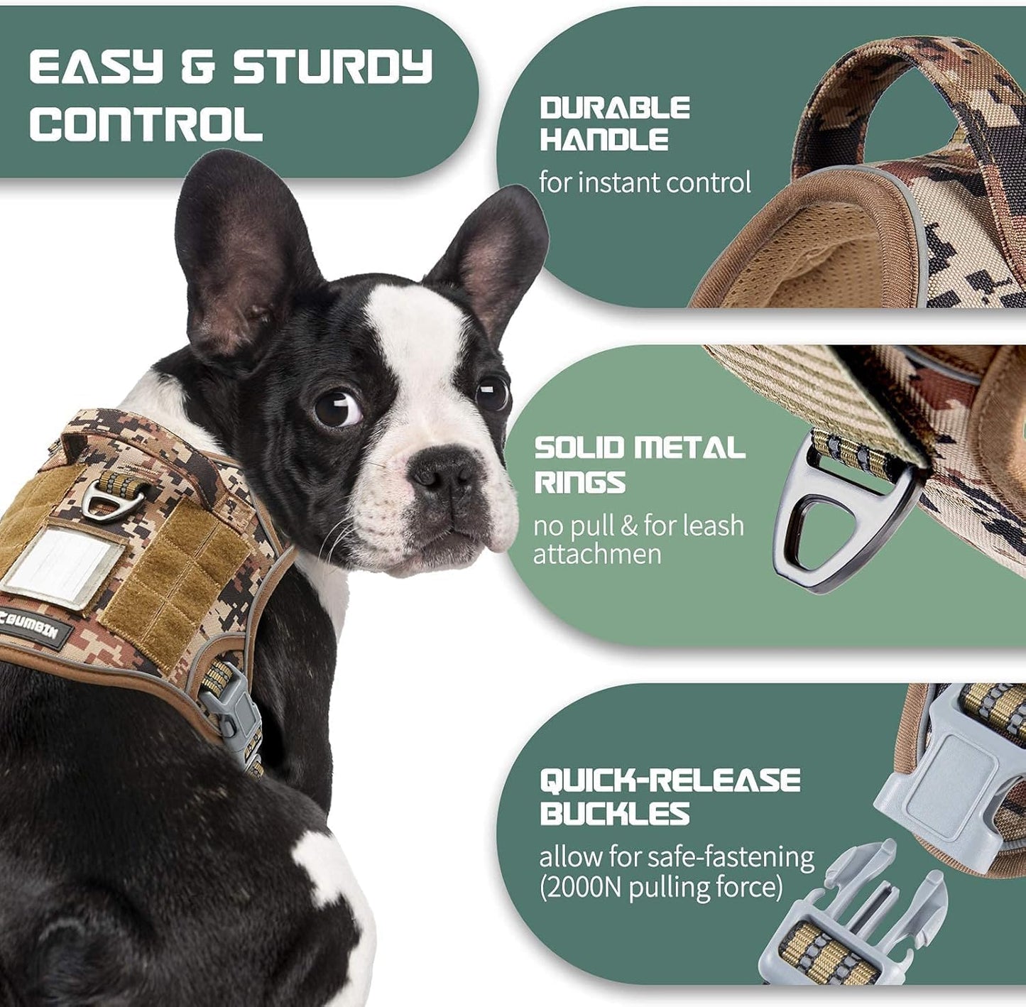 BUMBIN Tactical Dog Harness for Small Dogs No Pull, Famous TIK Tok No Pull Puppy Harness, Fit Smart Reflective Pet Walking Harness for Training, Adjustable Dog Vest Harness with Handle Desert Camo XS