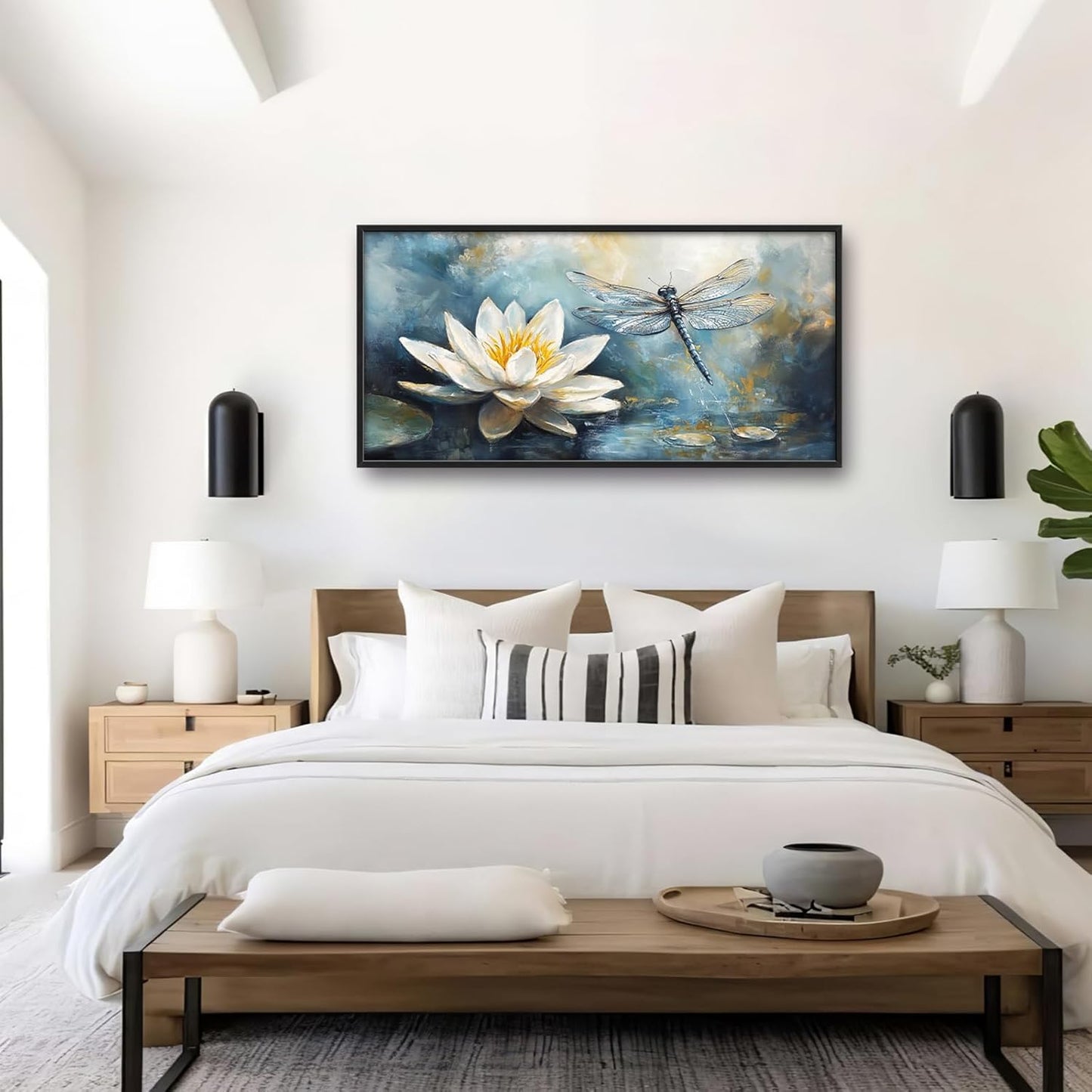 Extra Large Lotus Dragonfly Framed Wall Art for Living Room,Abstract Blue Lotus Flower Lake Pictures Wall Decor,Nature Canvas Print Painting Modern Artwork Bedroom Office Bathroom 60L" x 30W"