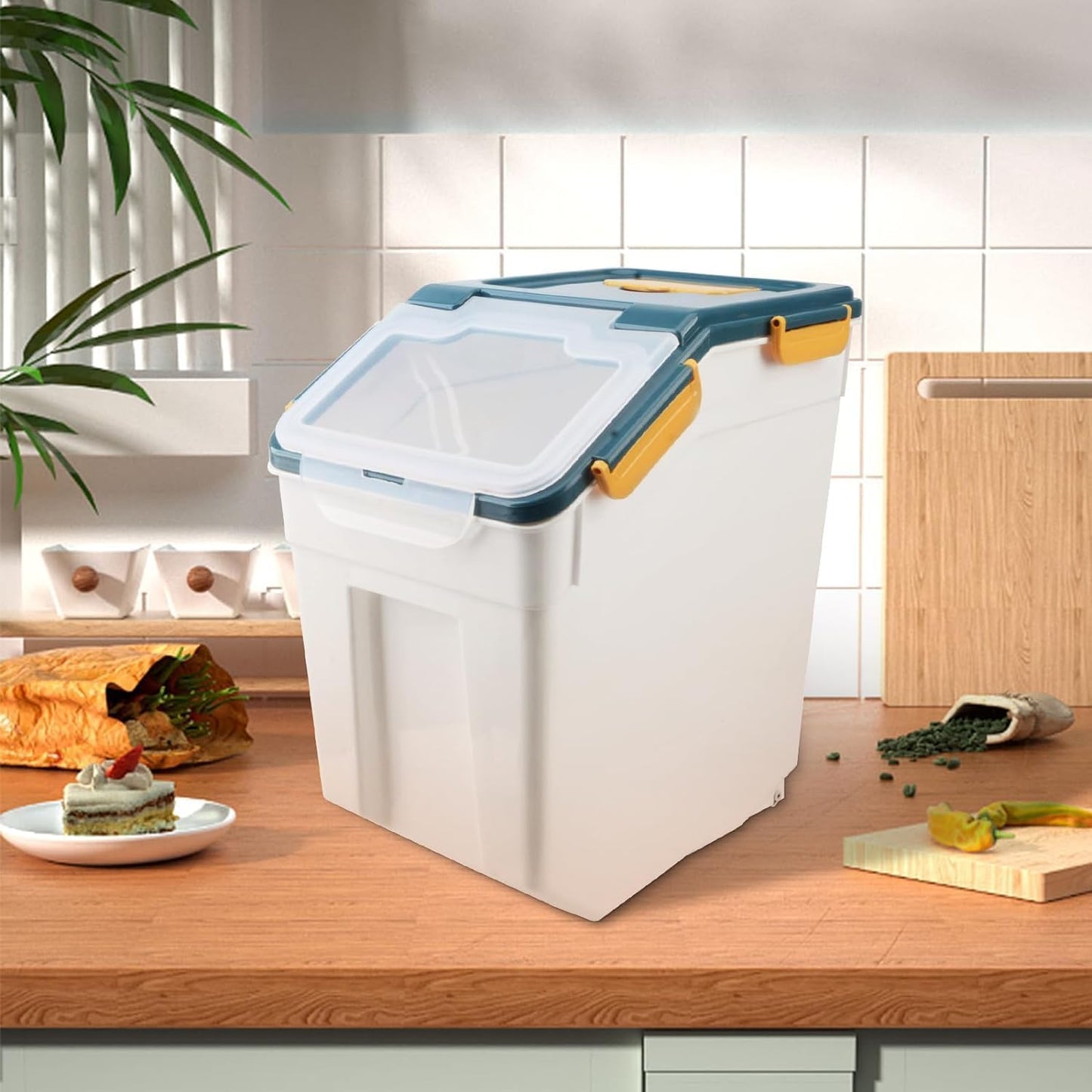 AnRui Rice Storage Container 50LB, Airtight Flour Storage Containers, Plastic Cereal Grain Dispenser Organizer Pet Food Storage Bin with Lid, Measuring Cup, Scoop, Blue, 2Pcs,Total Capacity:100LB