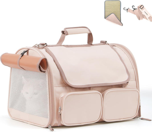 FUKUMARU Cat Carrier, 4 Mesh Windows Small Dog Carrier, 4 Storage Pockets Cat Travel Bag, Under 15 lb Airline Approved Pet Carrier, Rollable Cover for Nervous Cats, Pink