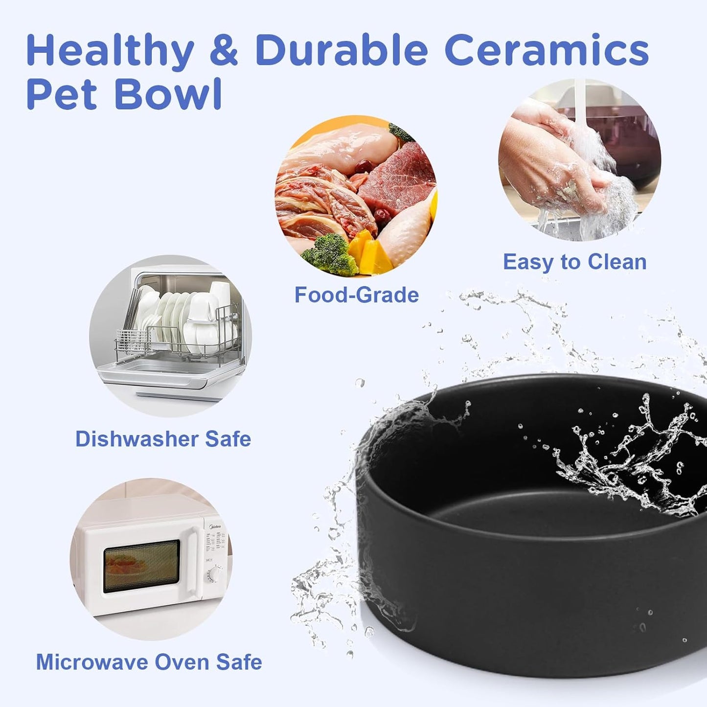 SPUNKYJUNKY Elevated Dog Bowls Ceramic, 7.3'' Dogs Food Water Bowls Raised with Non-Slip Bamboo Stand for Medium to Large Sized Breed Microwave Dishwasher Safe - 42 OZ,Black