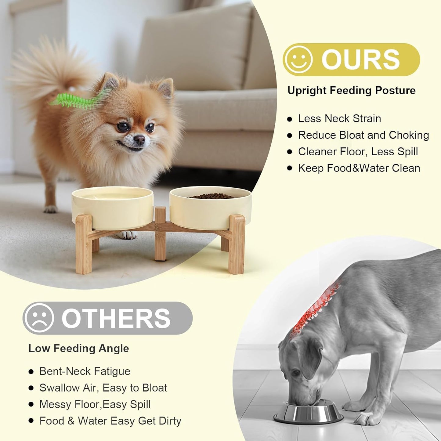 SPUNKYJUNKY Elevated Dog Bowls Ceramic, 5.1'' Dogs and Cat Food Water Bowls Raised with Non-Slip Bamboo Stand for Puppy Small Sized Breed Microwave Dishwasher Safe - 13.5 OZ,Beige