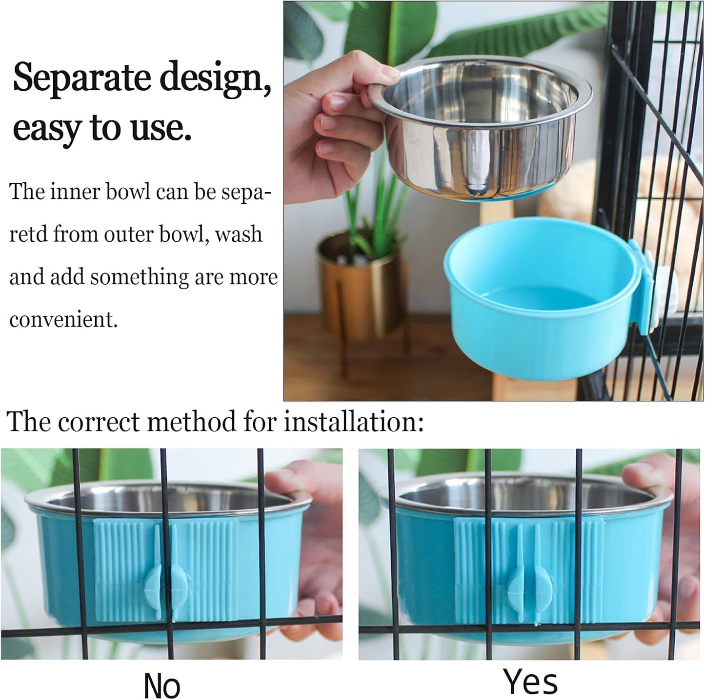kathson Crate Dog Bowl, Removable Stainless Steel Hanging Pet Cage Bowl Food & Water Feeder Coop Cup for Cat, Puppy, Birds, Rats, Guinea Pigs 3pcs(Blue,Green,Pink)