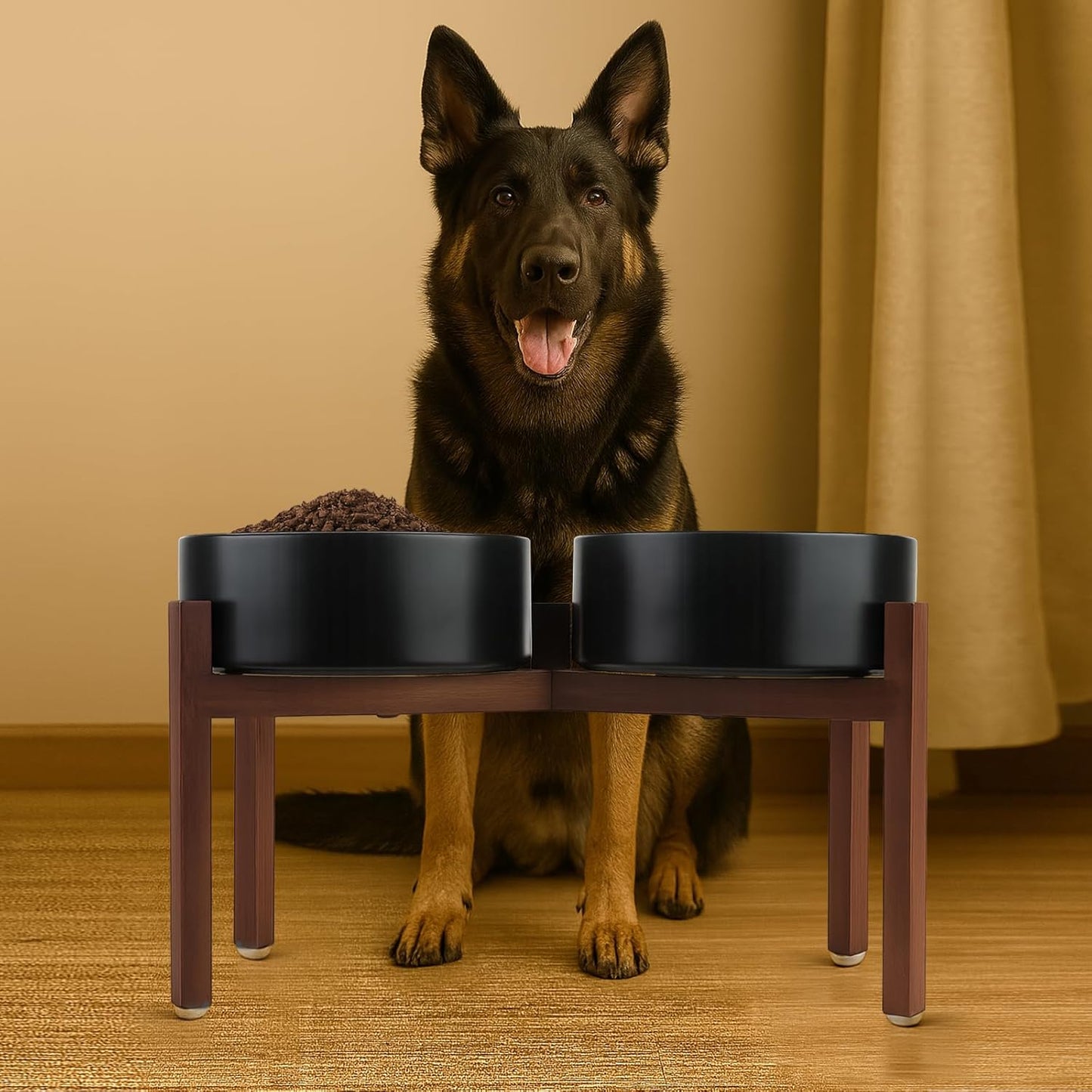 SPUNKYJUNKY Raised Ceramic Dog Bowls Set with Non-Slip Acacia Wood Stand for Large Sized Dog(60.87 OZ, Black)