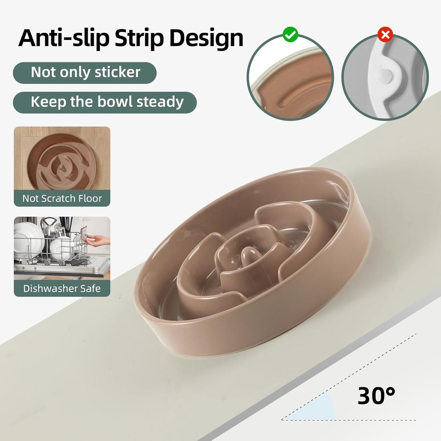 8.2inch Ceramic Raised Slow Feeder Dog Bowl Set, Elevated Wooden Stand for Large and Medium Dog, Puzzle Slow Dish, Preventing Choking(Brown Coffee, Single Bowl+ Stand)