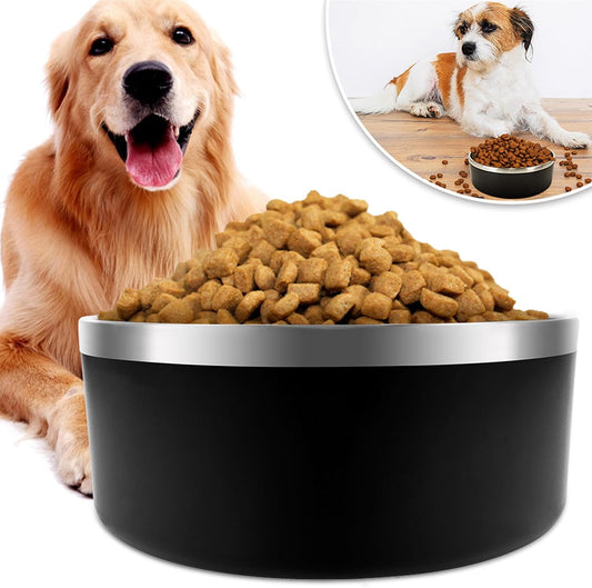 IKITCHEN Dog Bowl for Food and Water, 40 Oz Stainless Steel Pet Feeding Bowl, Durable Non-Skid Double Wall Insulated Heavy Duty with Rubber Bottom for Medium Large Sized Dogs (40 Ounces/5 Cup, Black)