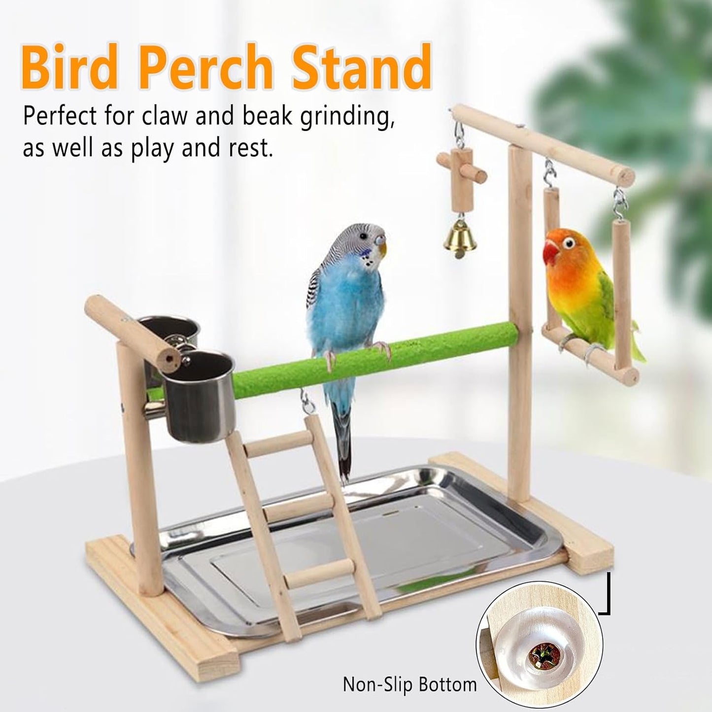 Birds Playground Parrot Playstand Birds Perch Stand Gym Natural Wood Play Stand with Ladder Swing Feeder Cups for Parakeets Cockatiels Lovebirds Conures Budgies