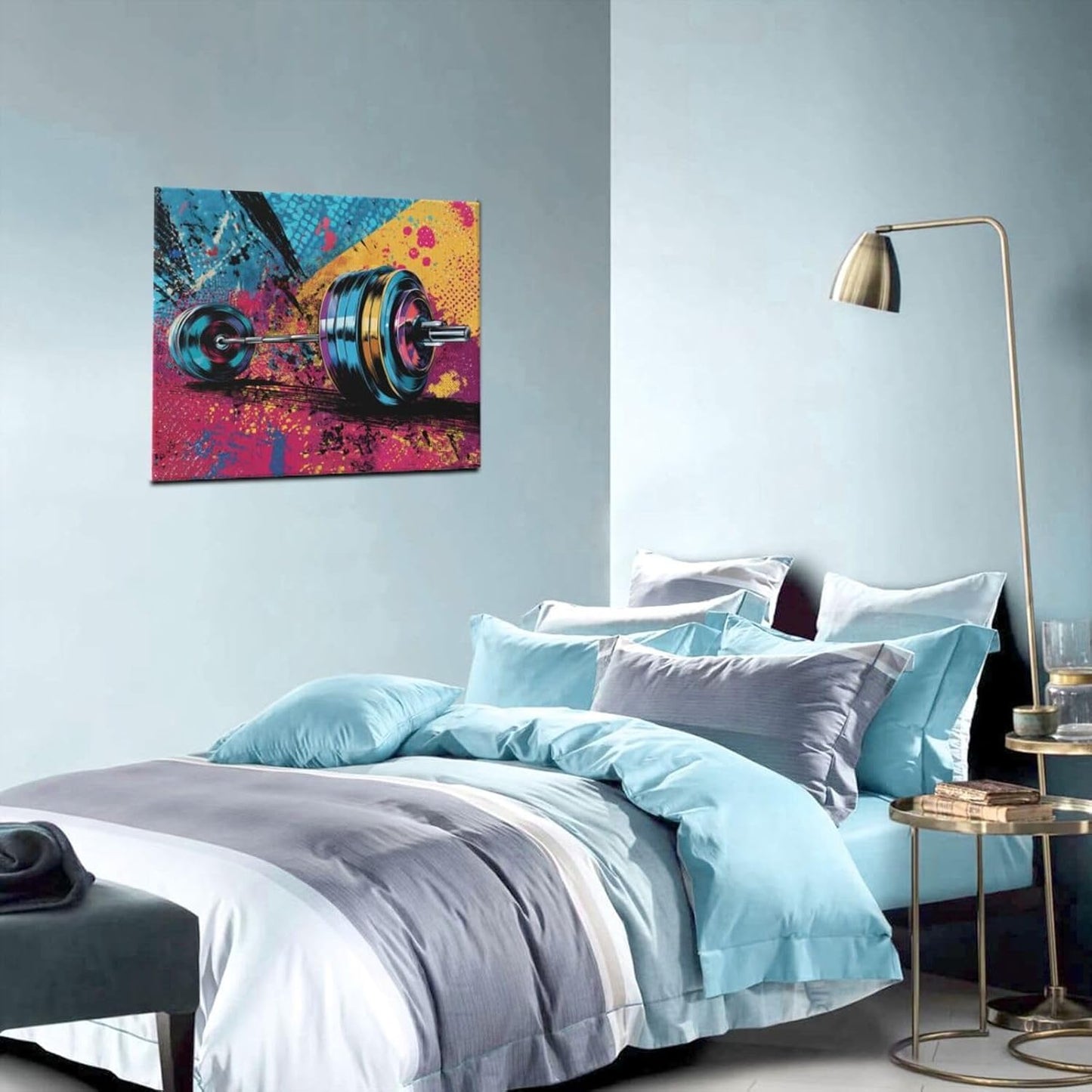 Gym Wall Art Weightlifting Fitness Canvas Wall Decor Barbell Sports Training Pictures Painting Banksy Street Graffiti Print Artwork Framed Decorations Gifts for Sports Lovers Gym Living Room Bedroom 20"x24"