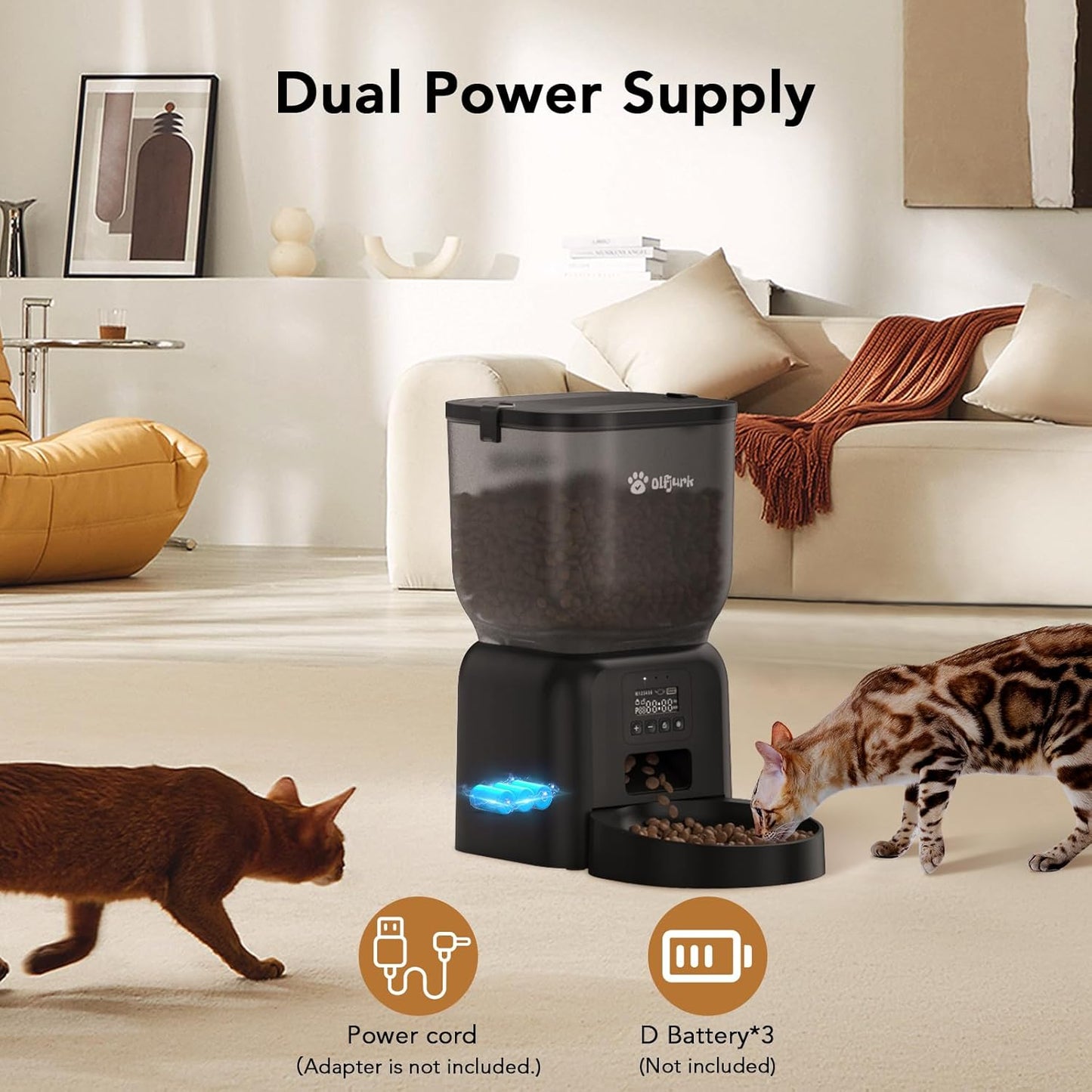 Automatic Dog & Cat Feeder with Freshness Preservation, 4L Timed Cat Feeder with LCD Screen.Up to 6 Meals Per Day and 1-15 Portion for Cats & Dog (Black)