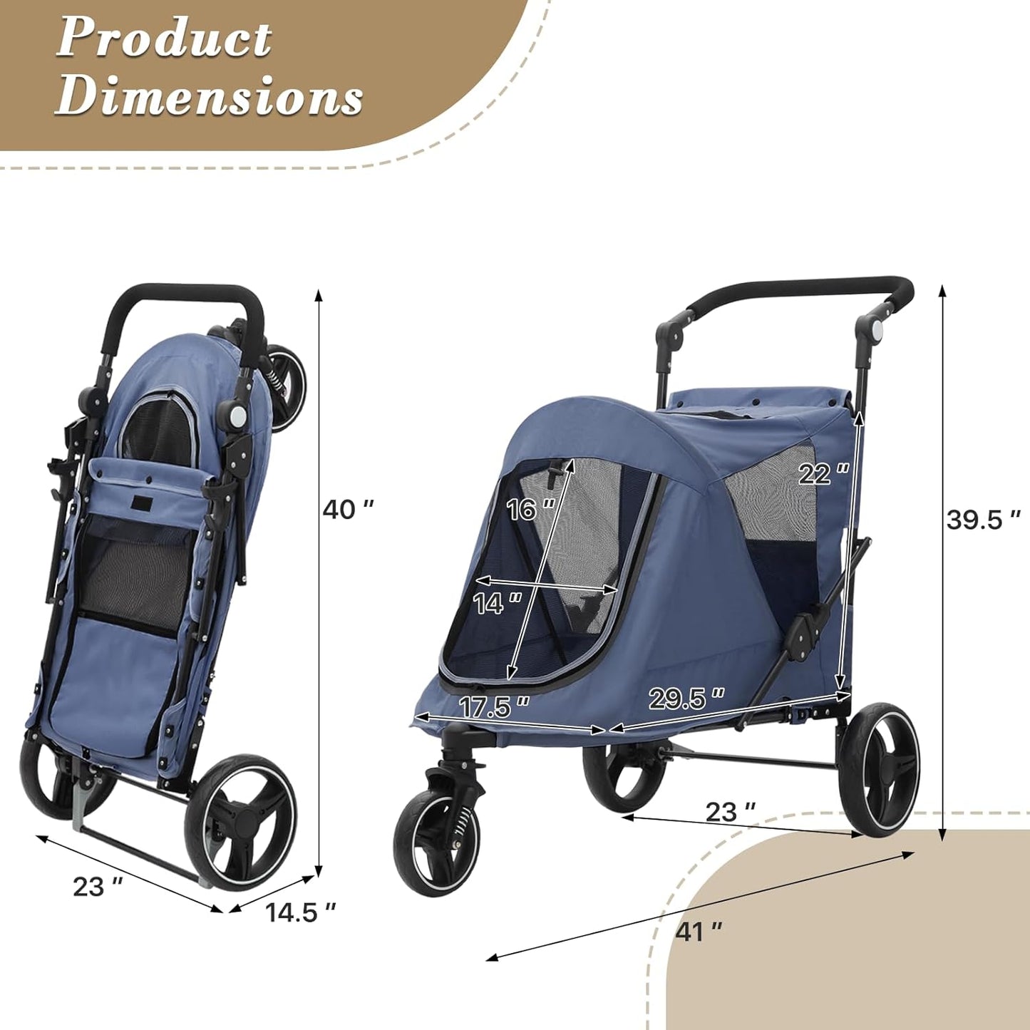 Athena Collection 3 Wheels Pet Stroller Fabric Dog Cart Dog Stroller for Large Dogs 55 Lbs Pet Stroller with Mesh Windows, Zipper Back Pocket, Safety Tether, Angle Adjustable Handlebar, Navy Blue