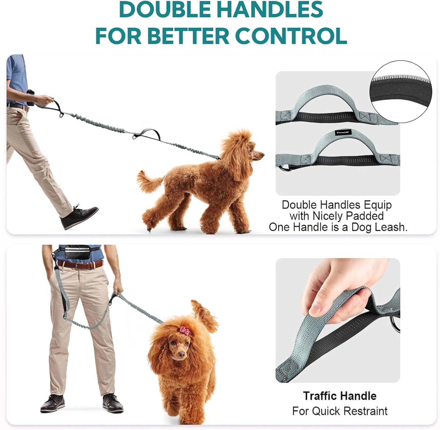 Hands Free Dog Leash with Pouch, Adjustable Waist Belt with Double Padded Handles, Waist Leash for Dog Walking, Dog Leash with Bungee for Medium & Large Dog, Dog Walking Accessories, Olive