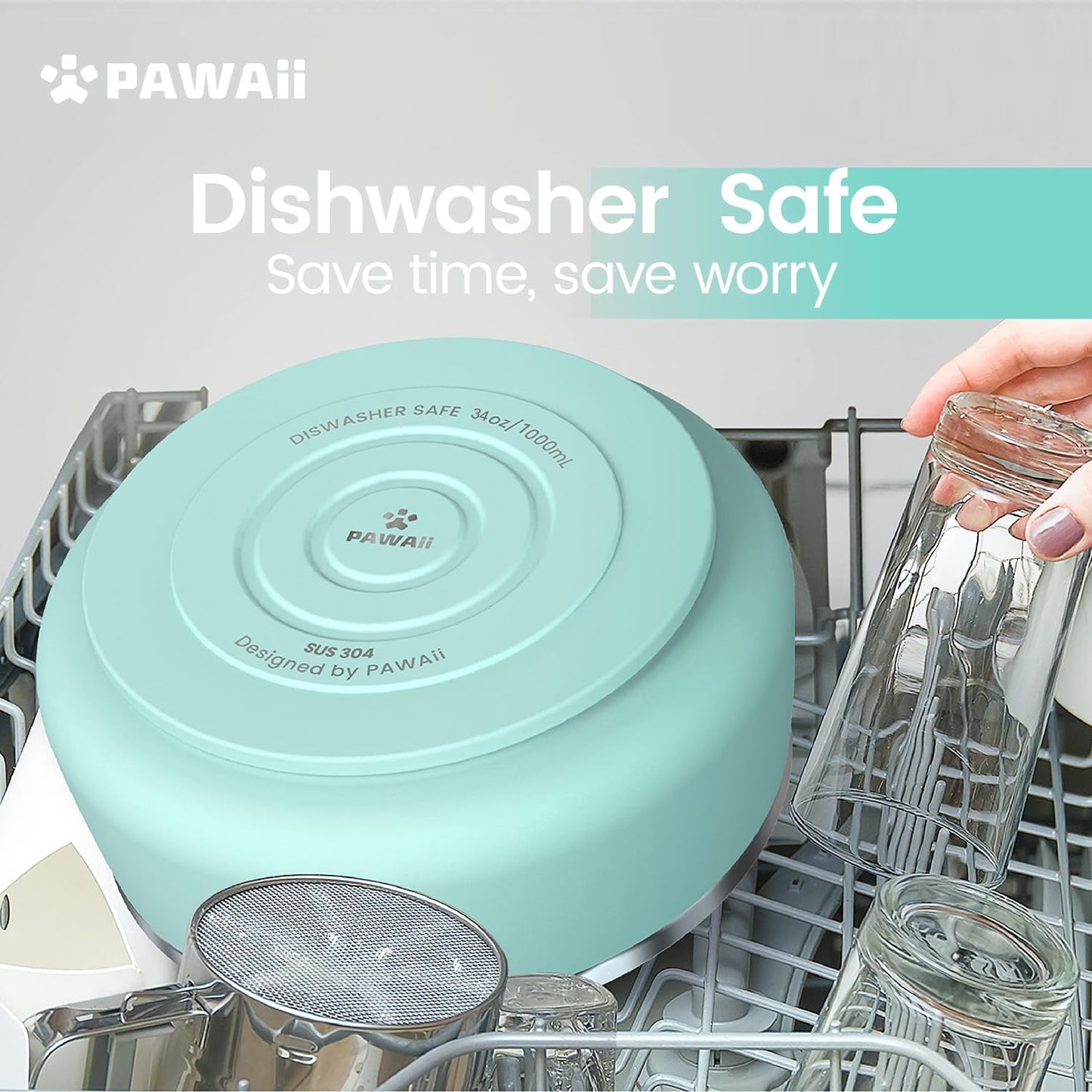 Pawaii Stainless Steel Dog Bowl with Non-Slip Rubber Base & Double Wall Insulation - Durable Design | Includes ID Tag | Dishwasher Safe Food & Water Bowl for All Dogs (34oz)