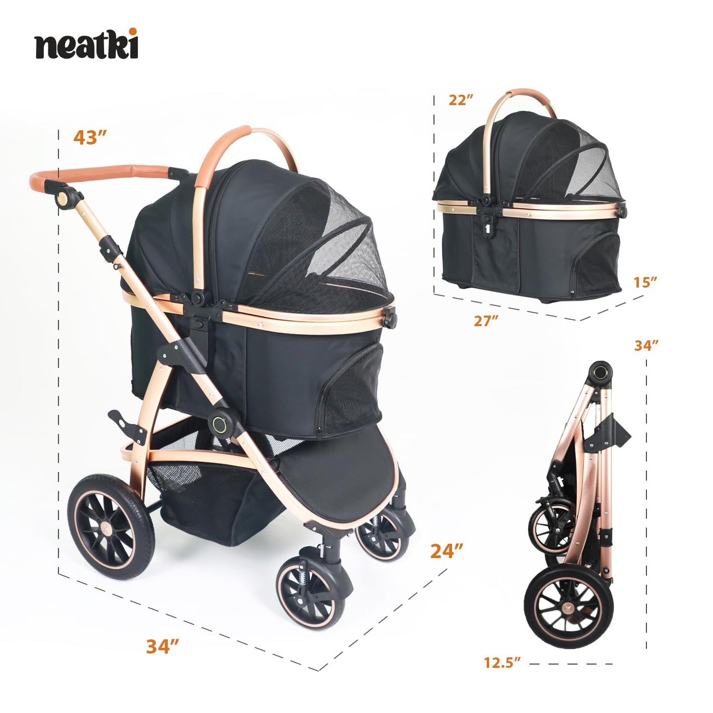3 in 1 Pet Stroller - Stroller for Small to Medium Dogs and Cats up to 55 lbs, with Detachable Carrier/Car Seat, Foldable and Lightweight, Detachable Cushion + Cup Holder (Black/Gold)