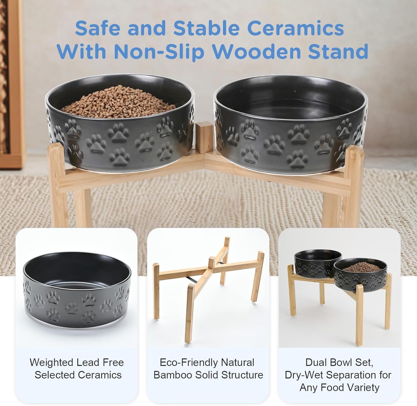 SPUNKYJUNKY Elevated Dog Bowls Ceramic, 8.3'' Dogs Food Water Bowls Raised with Non-Slip Bamboo Stand for Large Sized Breed Microwave Dishwasher Safe - 60 OZ,Paw Black