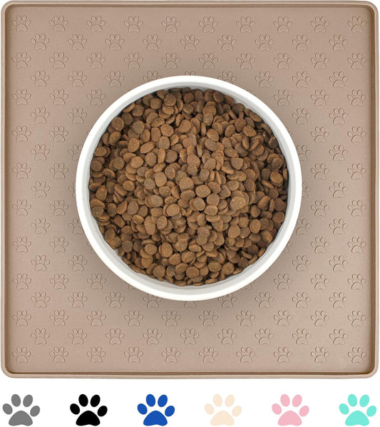 Ptlom Dog Food Mat Anti-Slip Bowl Mats for Food and Water, Waterproof Silicone Pet Placemat with High Raised Edges, Non-Slip Puppy Feeding Tray for Small, Medium Large Cats Dogs, Taupe, 11.8"x11.8"