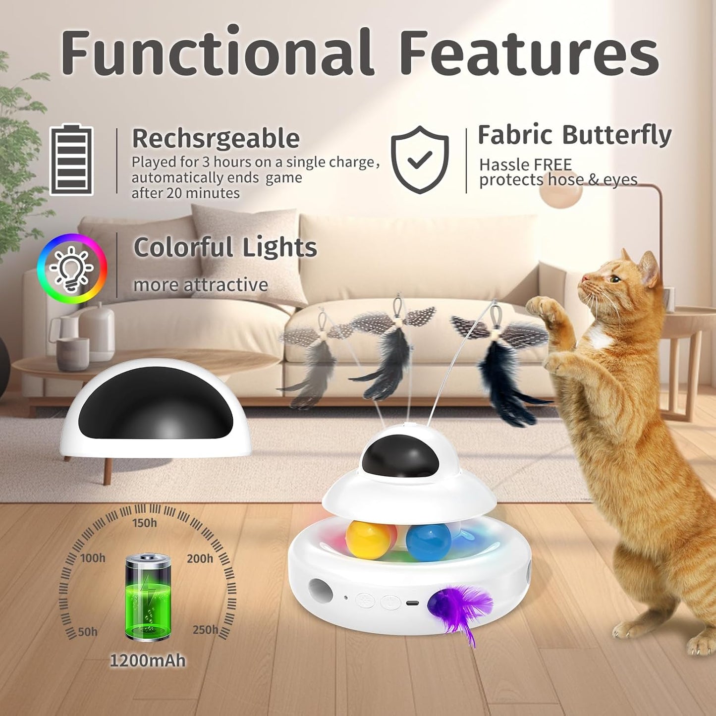 Interactive Cat Toys for Indoor Cats,4-in-1 Automatic Kitten Toy,Motion Activated Electronic Fluttering Butterfly,Track Balls, Moving Feather Toys for All Breeds,USB Rechargeable