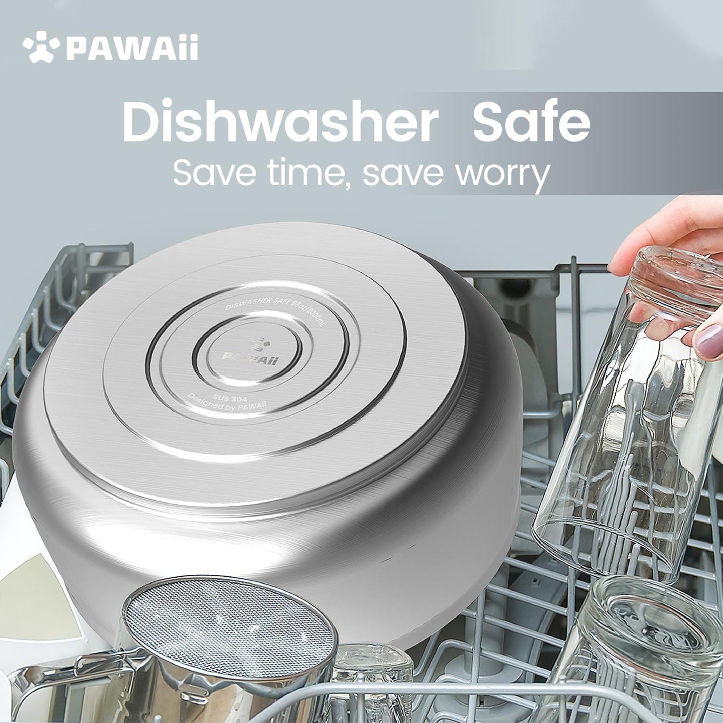 Pawaii Stainless Steel Dog Bowl with Non-Slip Rubber Base & Double Wall Insulation - Durable Design | Includes ID Tag | Dishwasher Safe Food & Water Bowl for All Dogs (68oz)