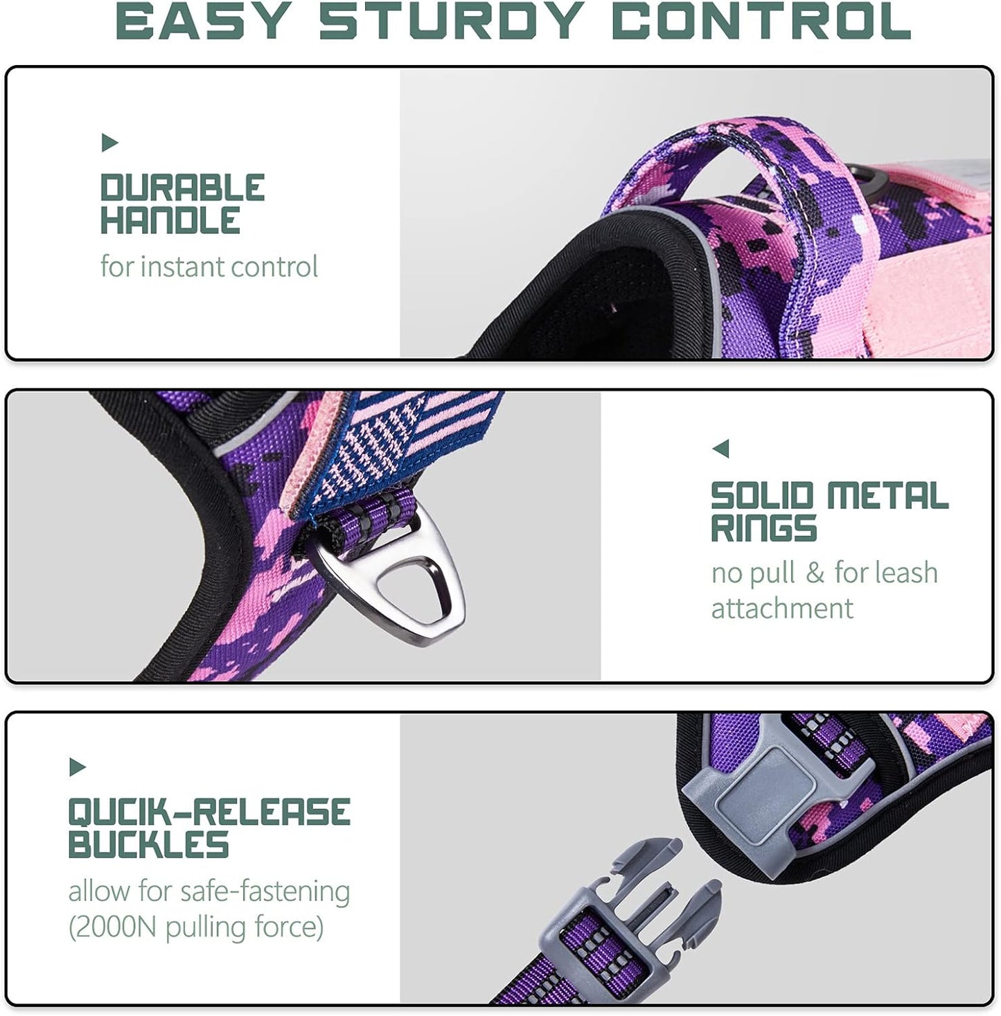 BUMBIN Tactical Dog Harness for Large Dogs No Pull, Famous TIK Tok No Pull Dog Harness, Fit Smart Reflective Pet Walking Harness for Training, Adjustable Dog Vest Harness with Handle Purple Camo XL