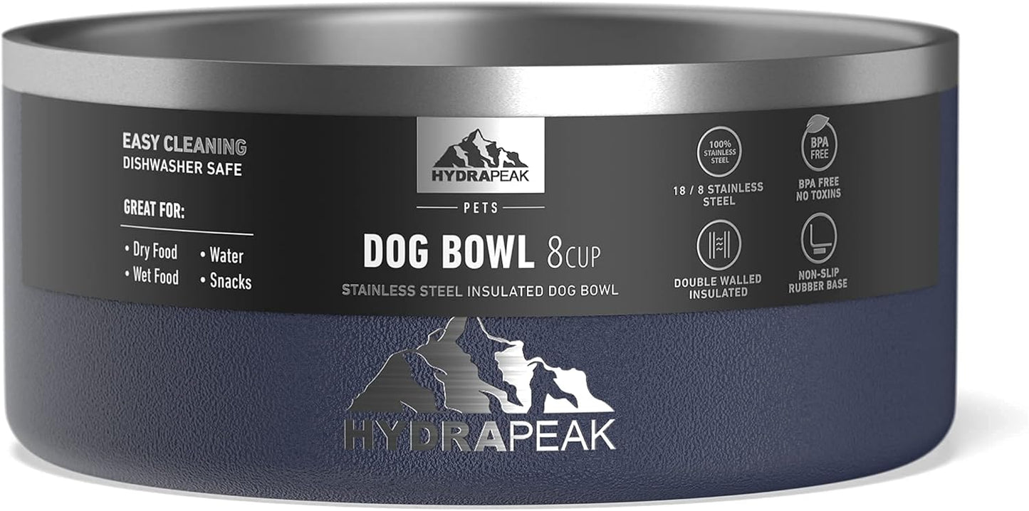 Hydrapeak Dog Bowl; Non Slip Stainless Steel; Water and Food Dish; Large Sized and Small Dogs; 32oz 64oz; Multiple Sizes | 8 Cup | Navy